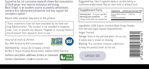Miniatura 2 de INCAS Organic Black Ginger 120 cápsulas veganas de 500 mg cada una de Tailandia sin OMG verificado Kaempferia Parviflora Ginseng tailandés