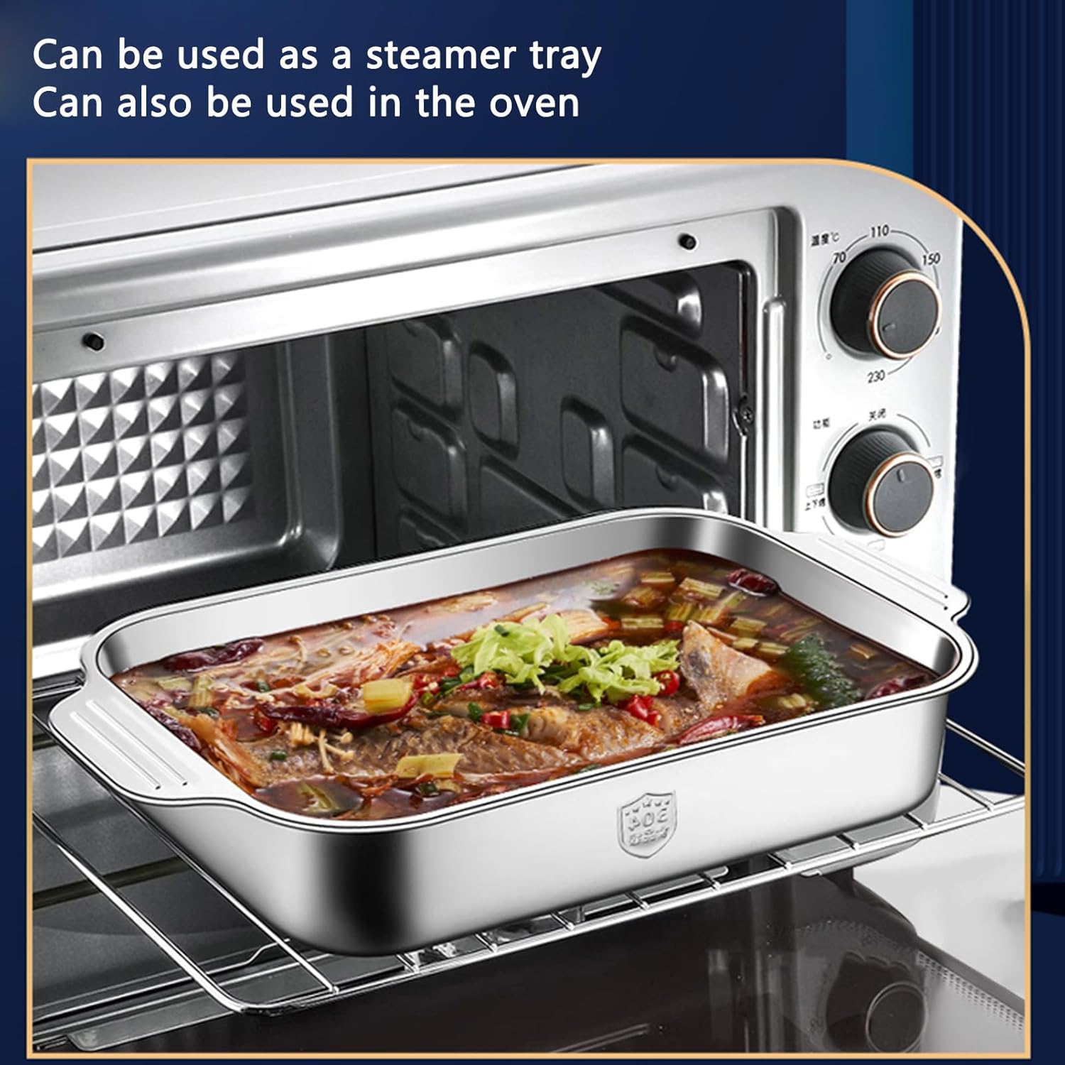 Roasting Pan with Handles and Striped Bottom - Stainless Steel Rectangular Fish Baking Tray Lasagna Pan Cake Cookie Plate Dish Serving Platter for Roast Turkeys,Hams,Ribs, 2 Sizes (36cm,Shallow)