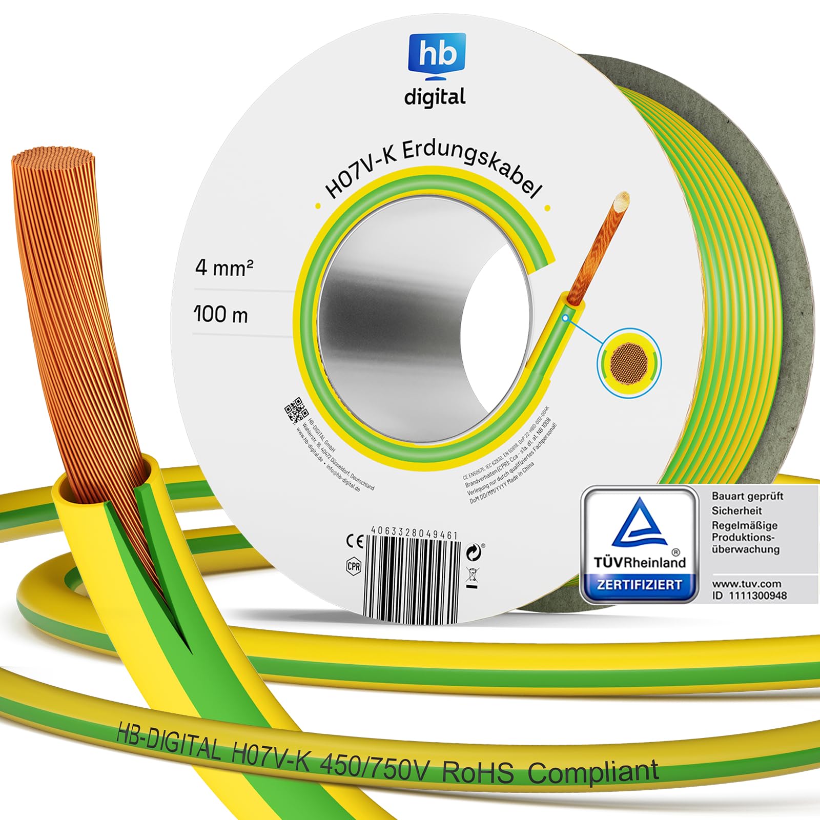 hb-digital Cable de toma de tierra de 100 m, 4 mm², H07V-K, cable de cobre flexible, cable de toma de tierra PV para energía solar fotovoltaica, eléctrica, cable de alambre fino, 1 x 4 mm², PVC, verde