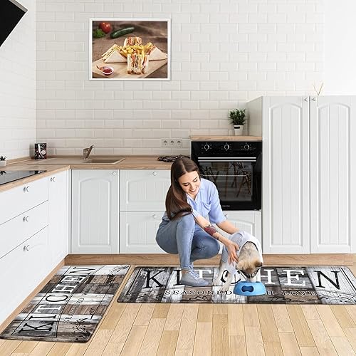 Miniatura 2 de ASPMIZ Juego de 2 alfombrillas de cocina de estilo granja, de PVC, impermeables, alfombras y tapetes de cocina de madera vintage, antideslizantes,