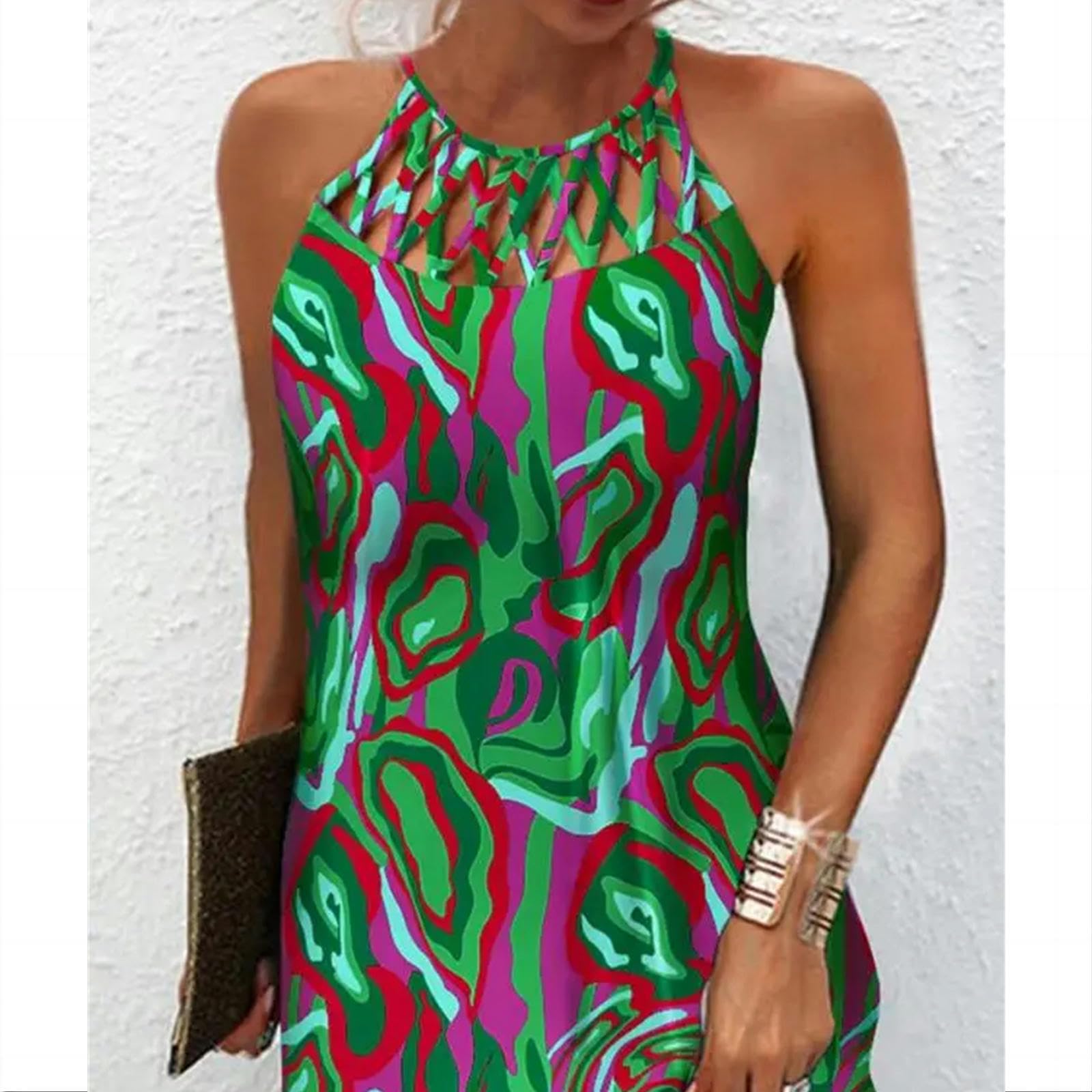 Vestito Donna Elegante Abito da Donna in Abito per Le Vacanze Stampare Cavo Casual Mini Abito Senza Maniche