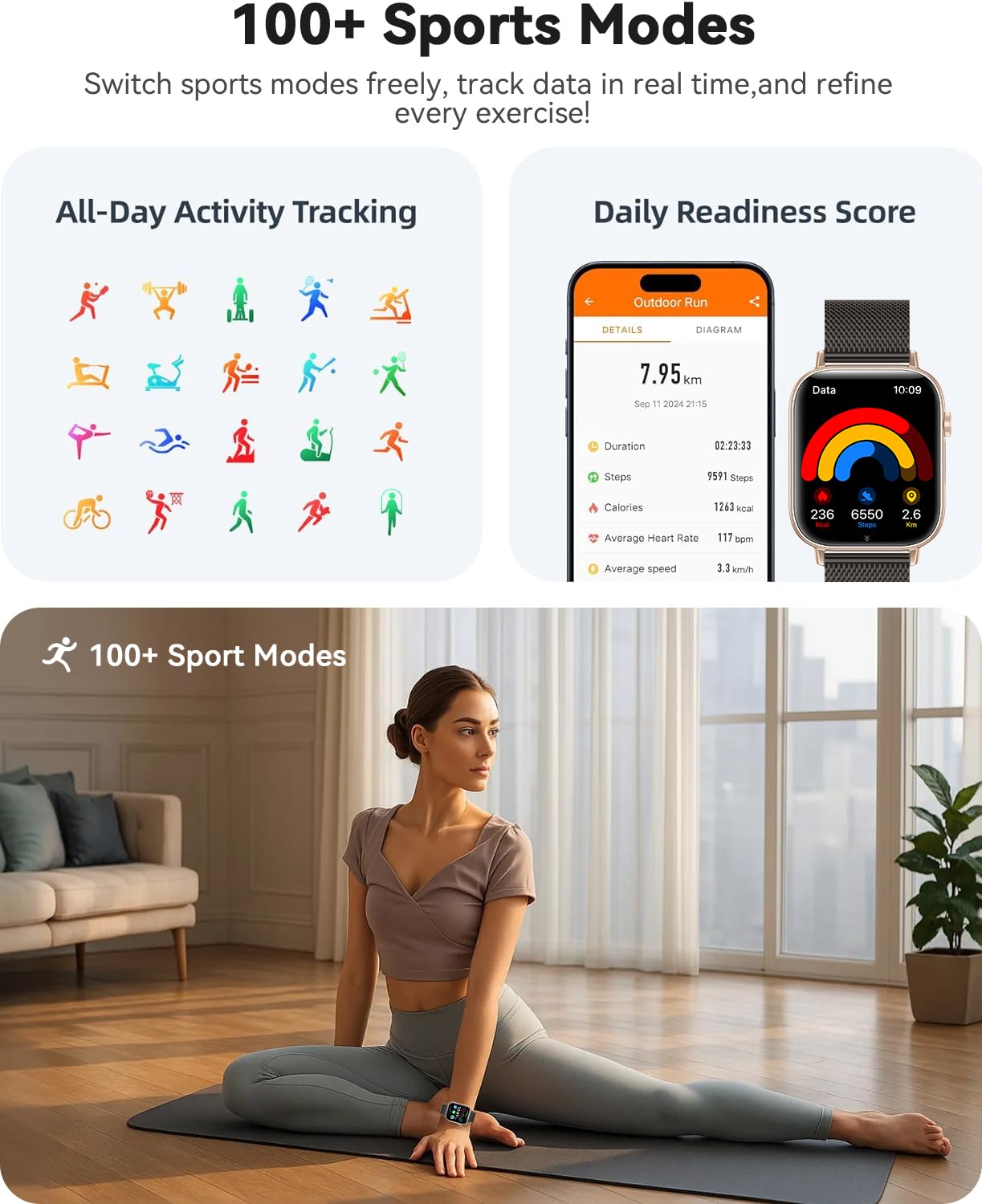 IOWODO Smartwatch, 1,3 inch touchscreen, fitnesshorloge voor heren en
