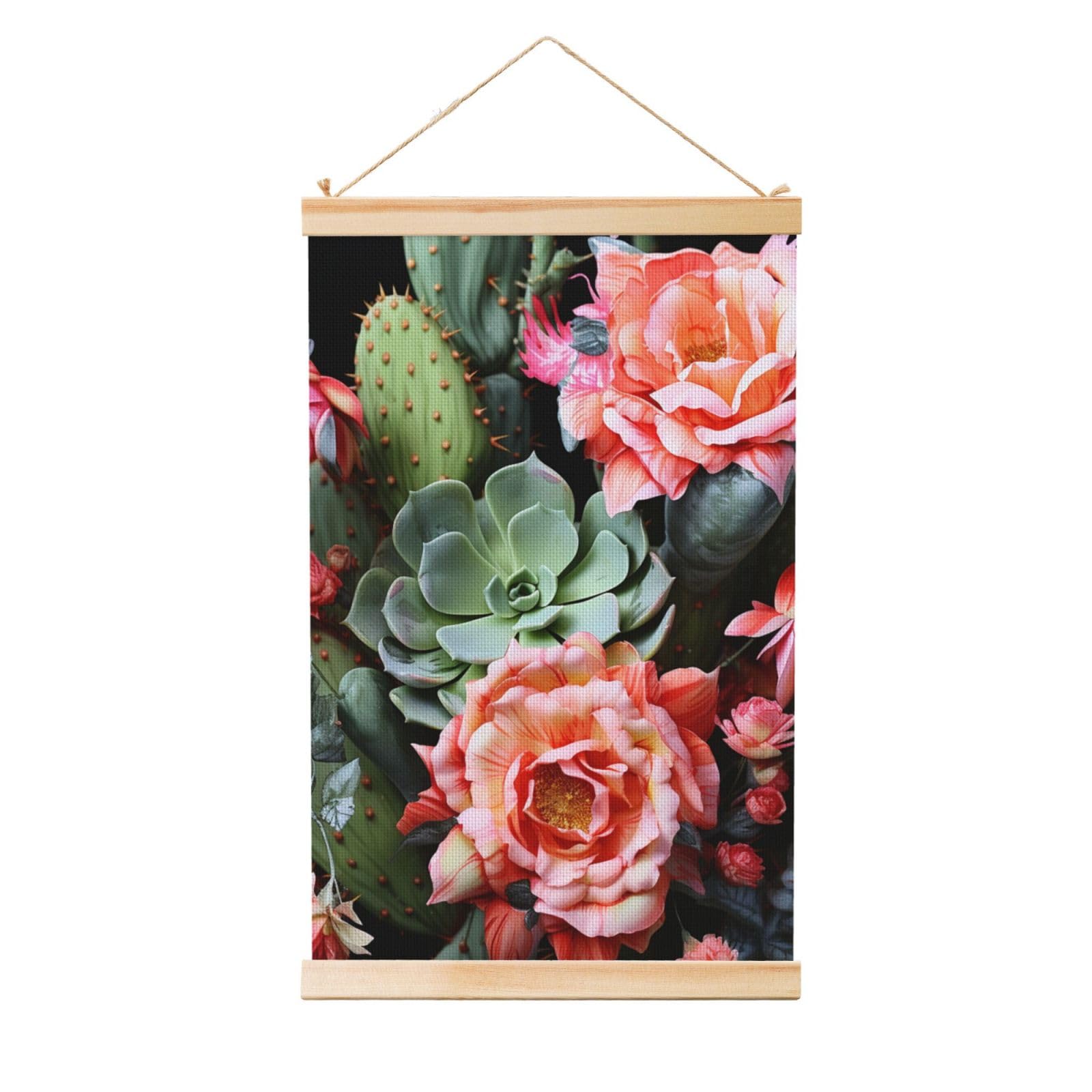 Roses Flowers and Cactus Poster Wooden Shaft Hanging Poster Wall Hanging Banner Canvas Artwork with Wood Frames 20"x30" Modern Artwork Decor Ready to Hang Wall Art for Home Decor Scroll Painting