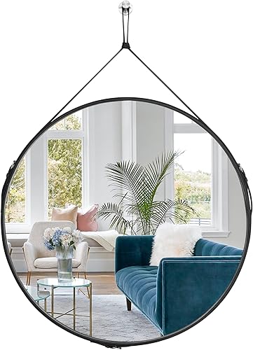 HofferRuffer Espejo decorativo para colgar, espejo redondo, espejo de pared con correa, espejos con ganchocolgador de herrajes plateados para la