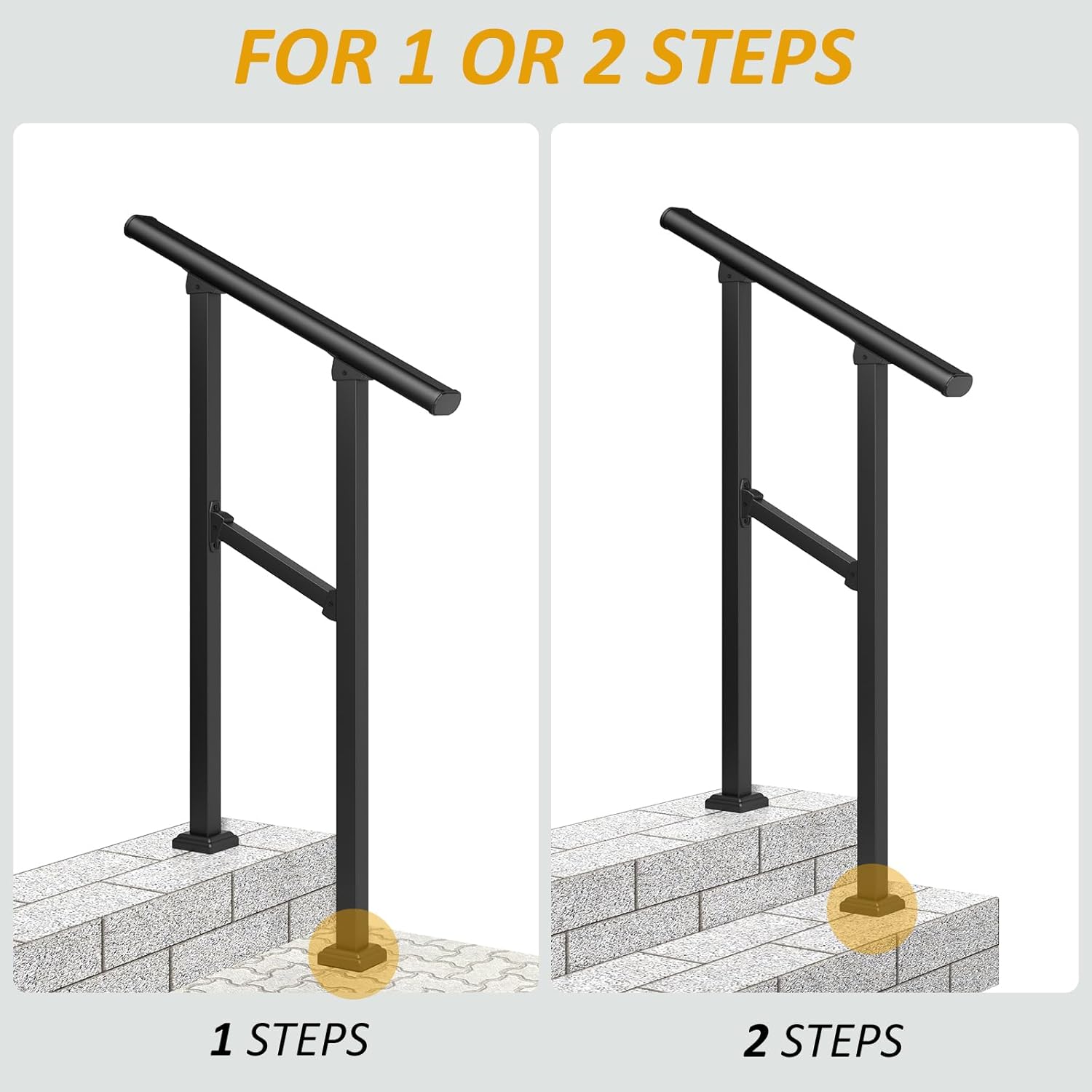 ROOMTEC 2 Pack 2 Step Handrails for Outdoor Steps, Safety Outdoor Handrails for Exterior Steps, Black Stair Railing Kit (1-2 Steps Handrail)