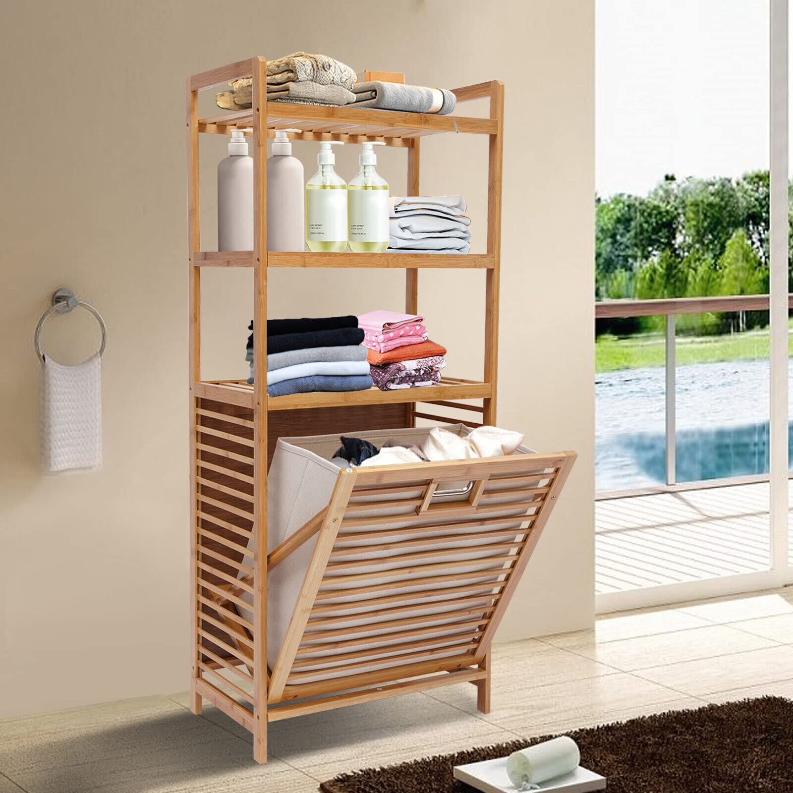 Tilt Out Bamboo Laundry Hamper, Laundry Basket with 3 Shelves Bathroom Cabinet Organizer,4 Tier Shower Caddy Shelf Rack for Bedroom, Bathroom, Closet, Laundry Room