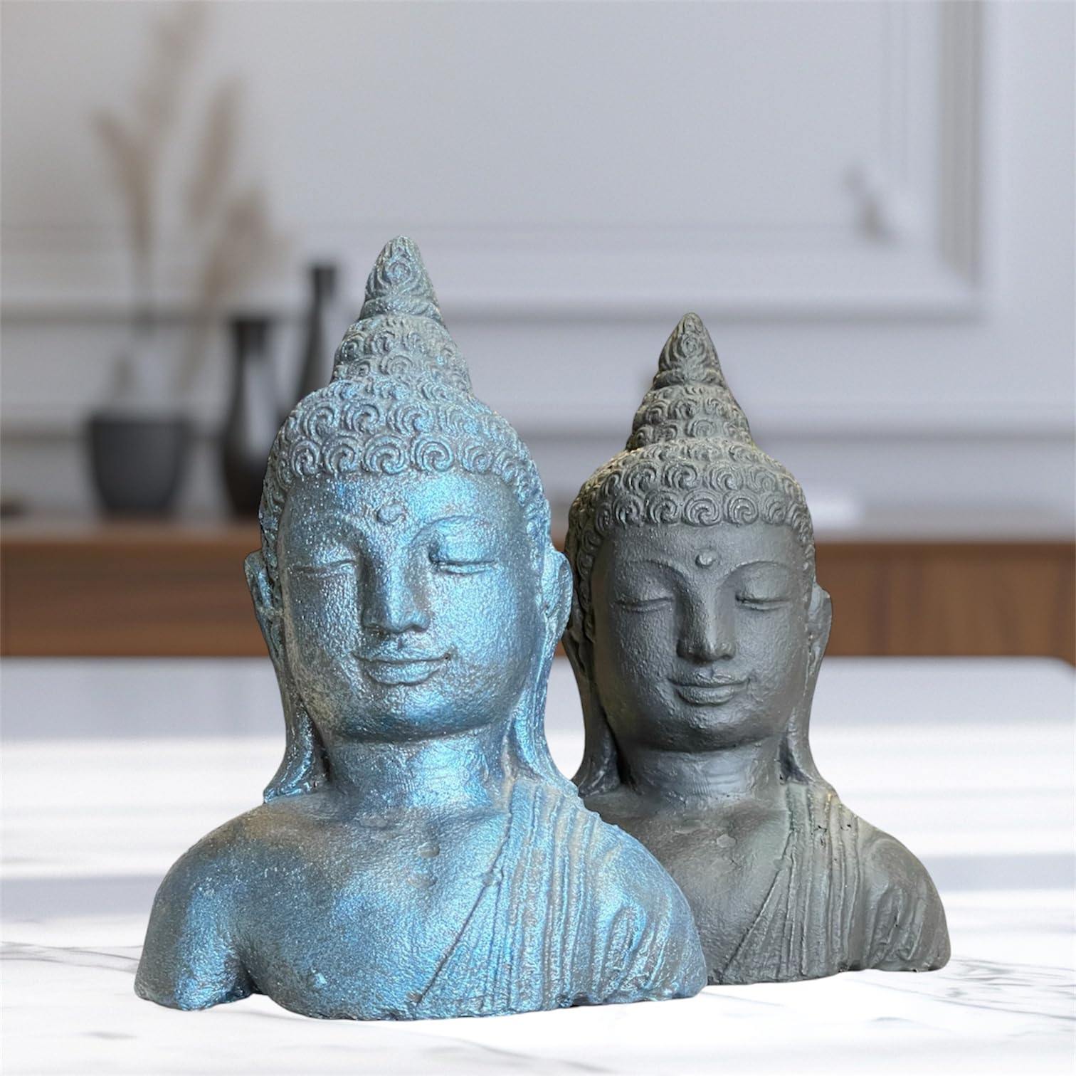 Decorative Buddha Bust Resin Sculpture, 17 x 13 x 7 cm, Grey Metallic Finish (Black)