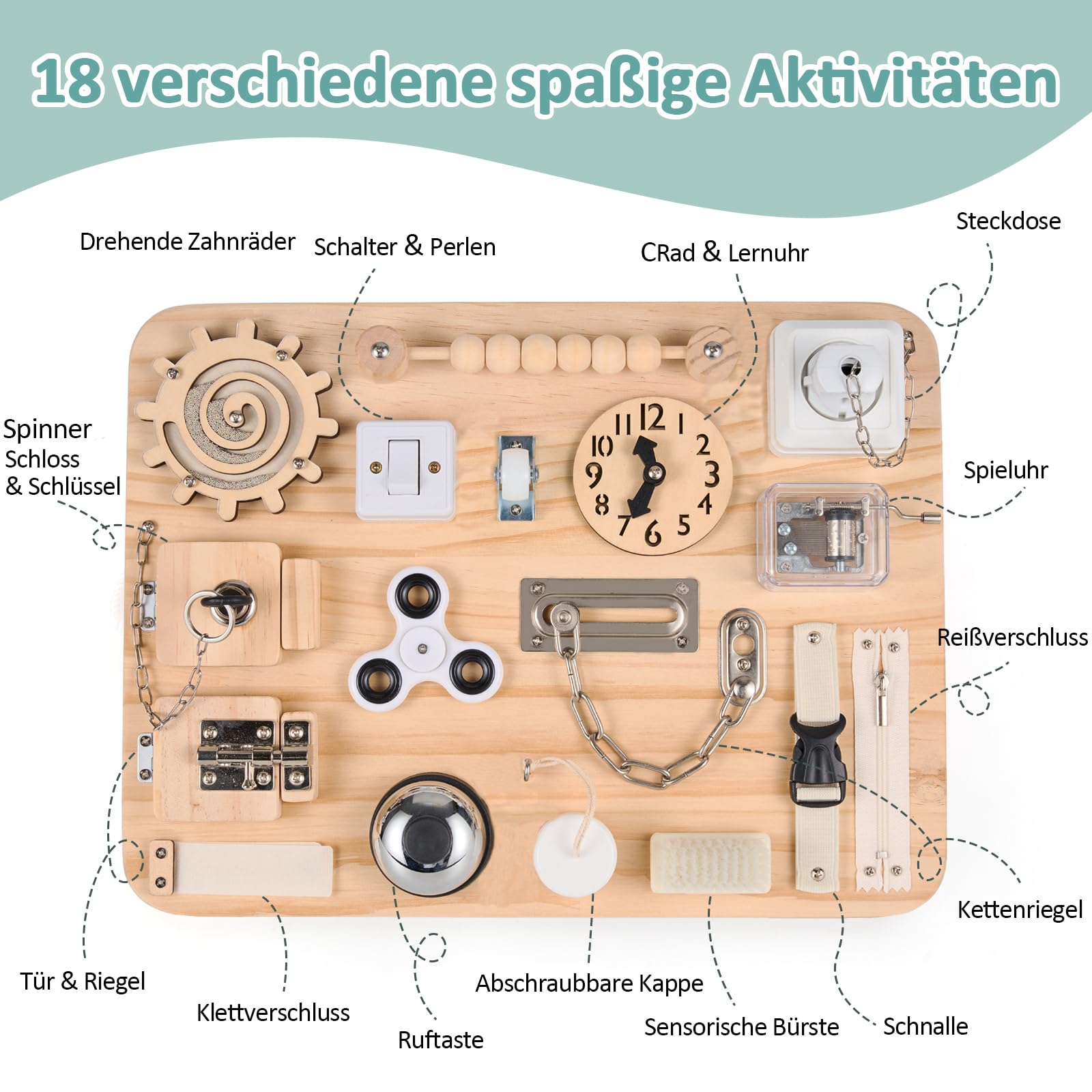 Potatomato Montessori Busy Board - Baby Spielzeug Sensorik Holzspielzeug Kinder Motorikspielzeug Lernspielzeug Reisespielzeug & Flugzeug Spielzeug Activity Board Kleinkind Autismus Spielzeug