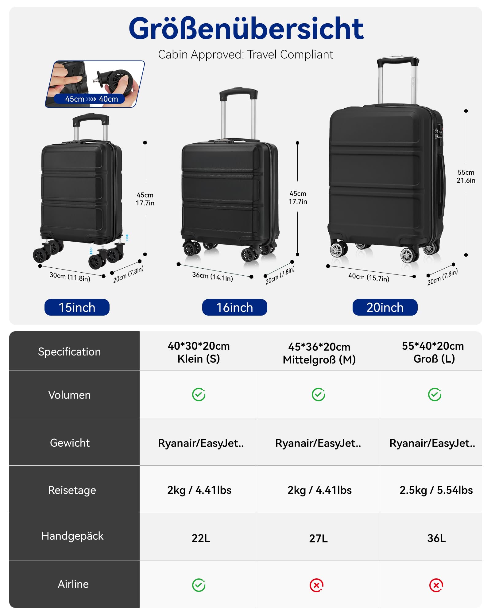 KONO Hartschalenkoffer ABS+PC Trolley TSA Schloss 360° Leisen Rollen Reisekoffer S M L XL XXL