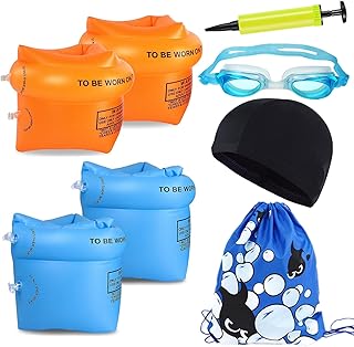 FOYOCER Arm Floaties for Kids 3-5 Swim Arm Bands Floater Sleeves 8PCS Pool Floats Set Includes PVC Inflatable Toddler Floaties Anti-Fog Swimming Goggles Swimming Cap Air Pump and Drawstring Backpack