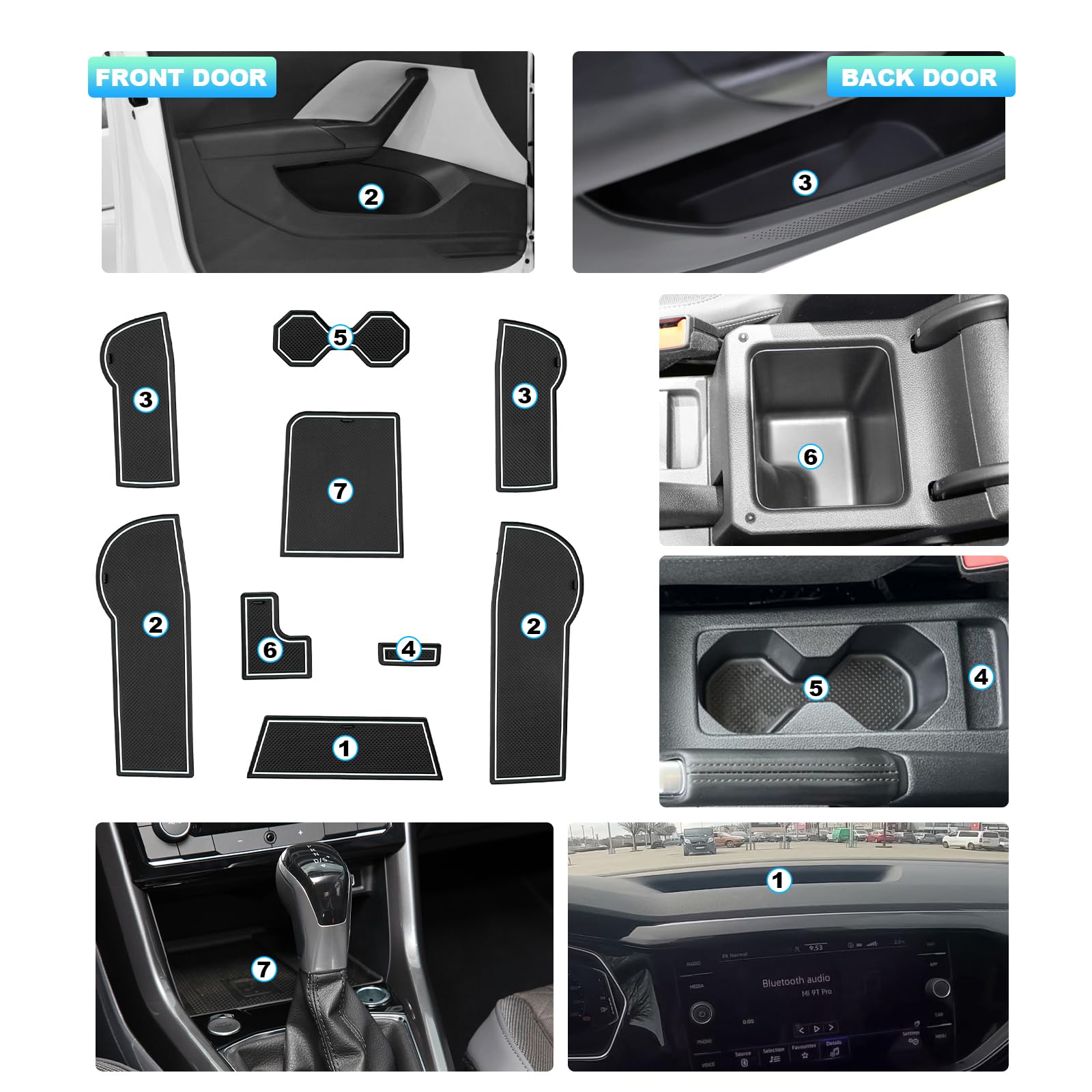 CDEFG Kompatibel mit VW T-Cross 2018-2024 2025, Gummimatten T Cross Mittelkonsole Antirutschmatten rutschfest Becherhalter Gummi Matte Armlehne T Cross 2025 Zubehör (Weiß)