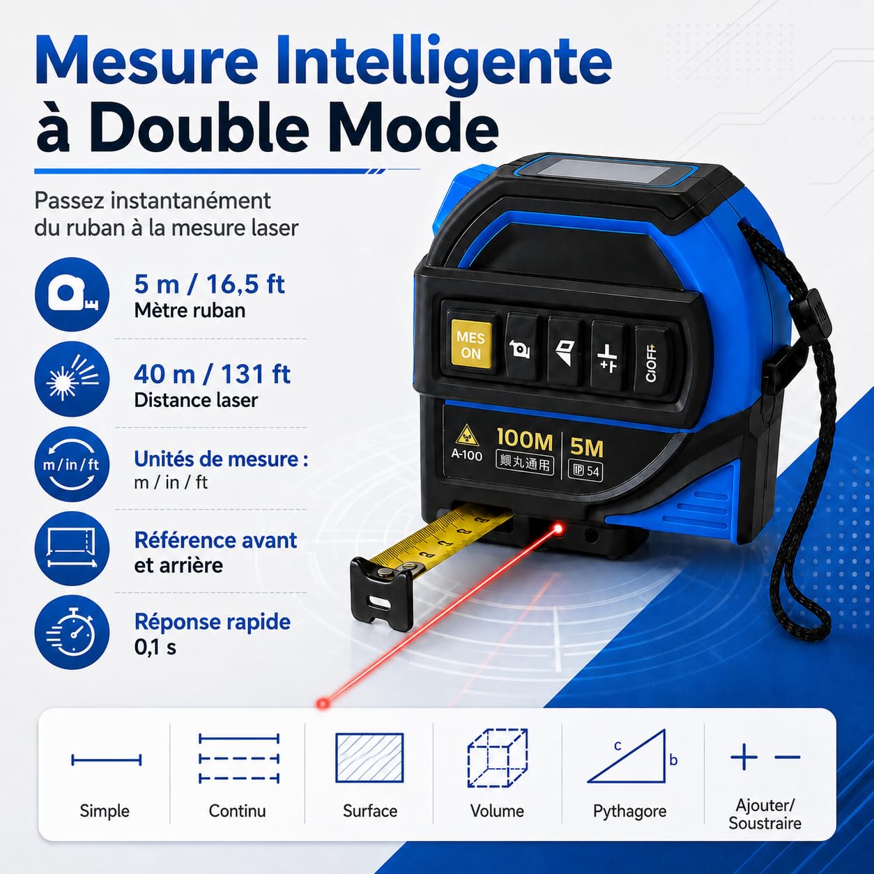 Télémètre Laser 40 m, mètre Laser 4 en 1 avec Ruban de Mesure de 5 m, Laser 40 m, réticule Laser 16 m et trépied pour mesures de Surface, théorème de Pythagore et nivellement