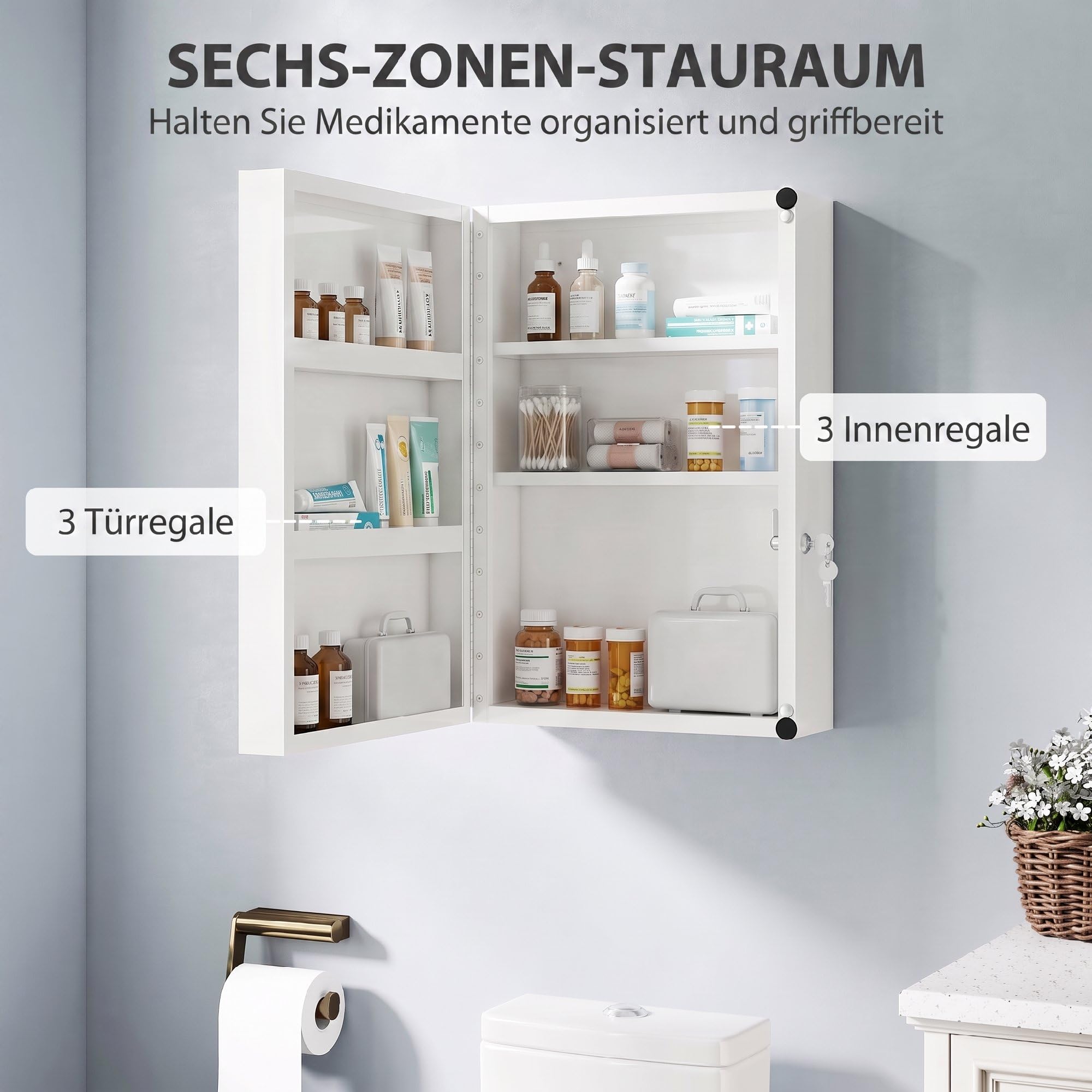 HOMCOM Armoire à pharmacie avec 6 étagères en acier verrouillable 40 x 18 x 60 cm Blanc