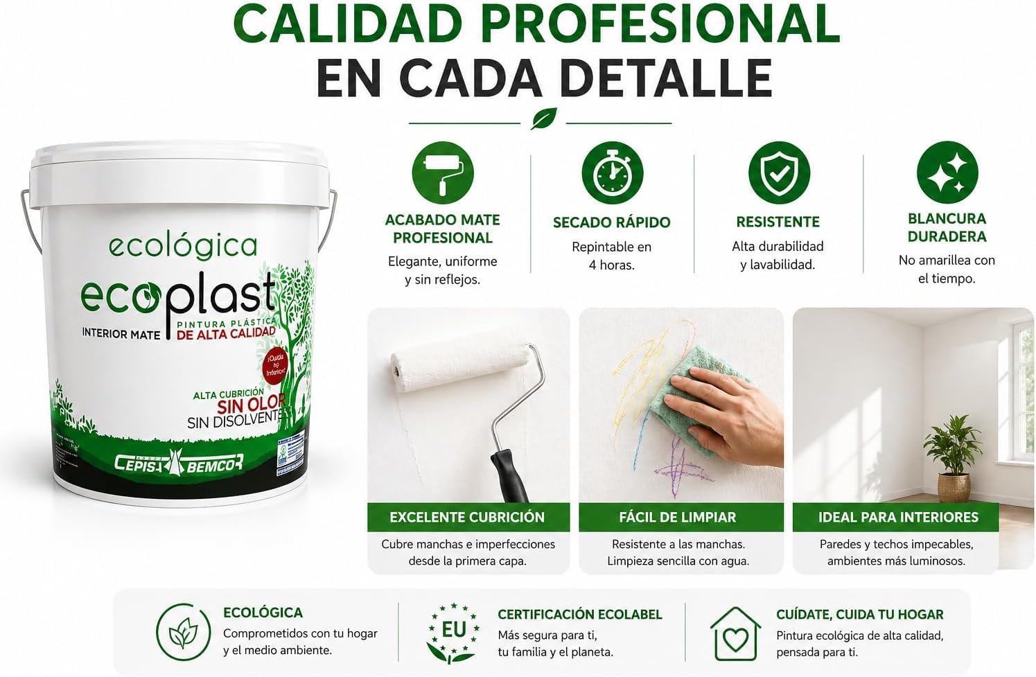 CEPLAST Kit Pintura Ecológica Interior 4L – Certificado Ecolabel, Sin Olor y Baja Emisión, Incluye Rodillo, Cubeta y Accesorios – Pintura Blanca Mate para Hogar Saludable