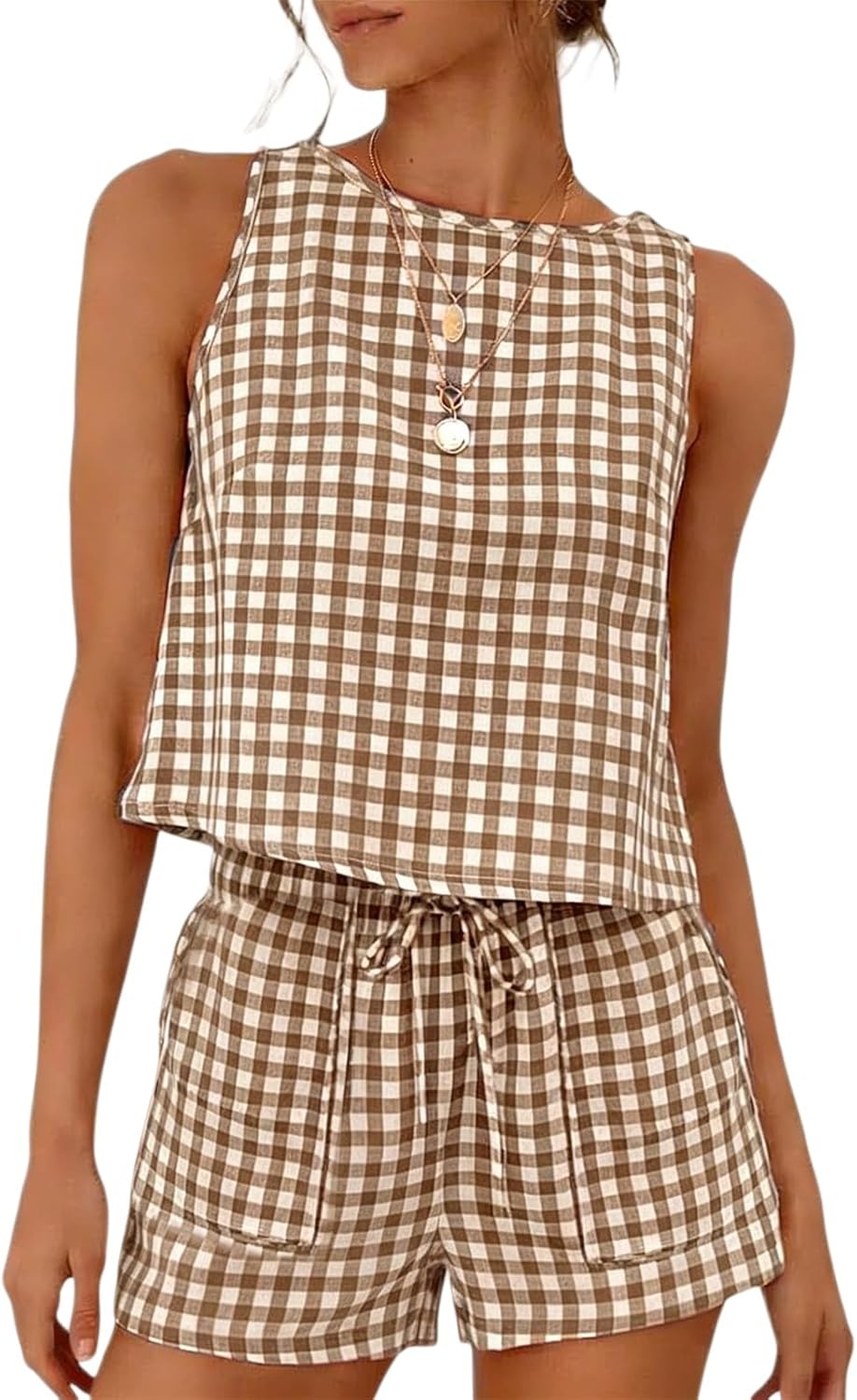 Womens Summer Outfits 2 Piece Shorts Sets Trendy Gingham Tank Tops Pajama Sets Loungewear Beach Vacation Clothes