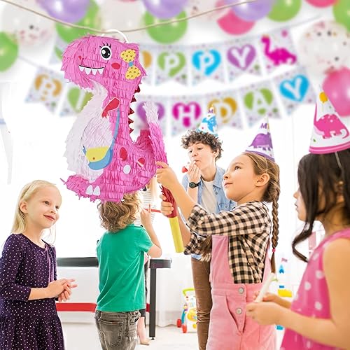 Vista 7 de Piñata de dinosaurio Suministros de fiesta de cumpleaños de dinosaurio para niñas y niños, juego de piñata para fiesta temática de dinosaurios
