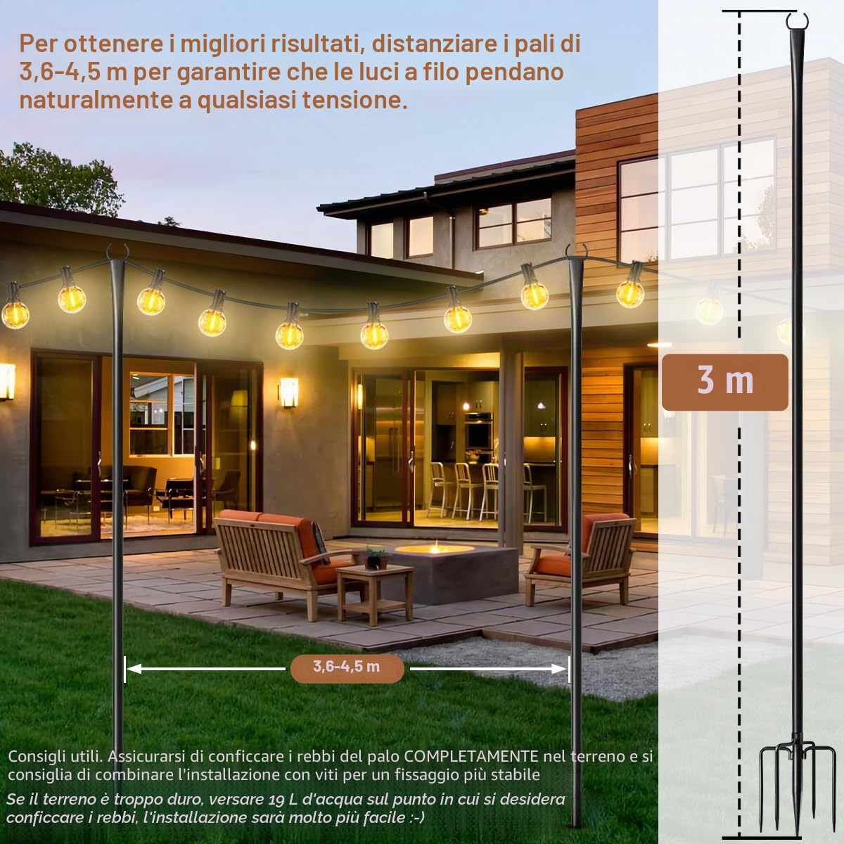 Confezione da 6 pali luminosi per esterni, in metallo resistente, per luci esterne con forcella, accessori di illuminazione regolabili per decorazione patio, cortile, pergola, decorazioni da giardino