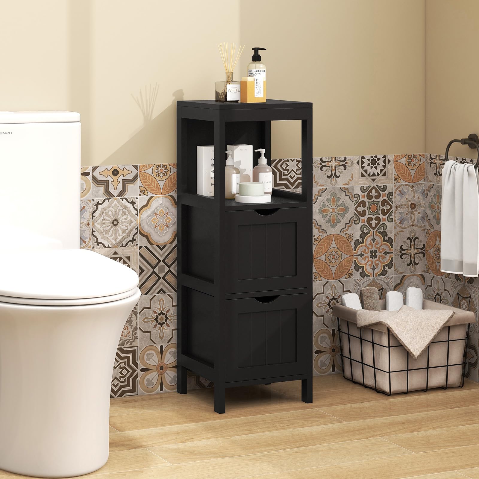 COSTWAY Muebles Baño, Cajonera Baño con 1 Estante y 2 Cajones Extraíbles, Armario Baño Estrecho Lateral, 30 x 30x 90cm, Sala Cocina Comedor (Negro)