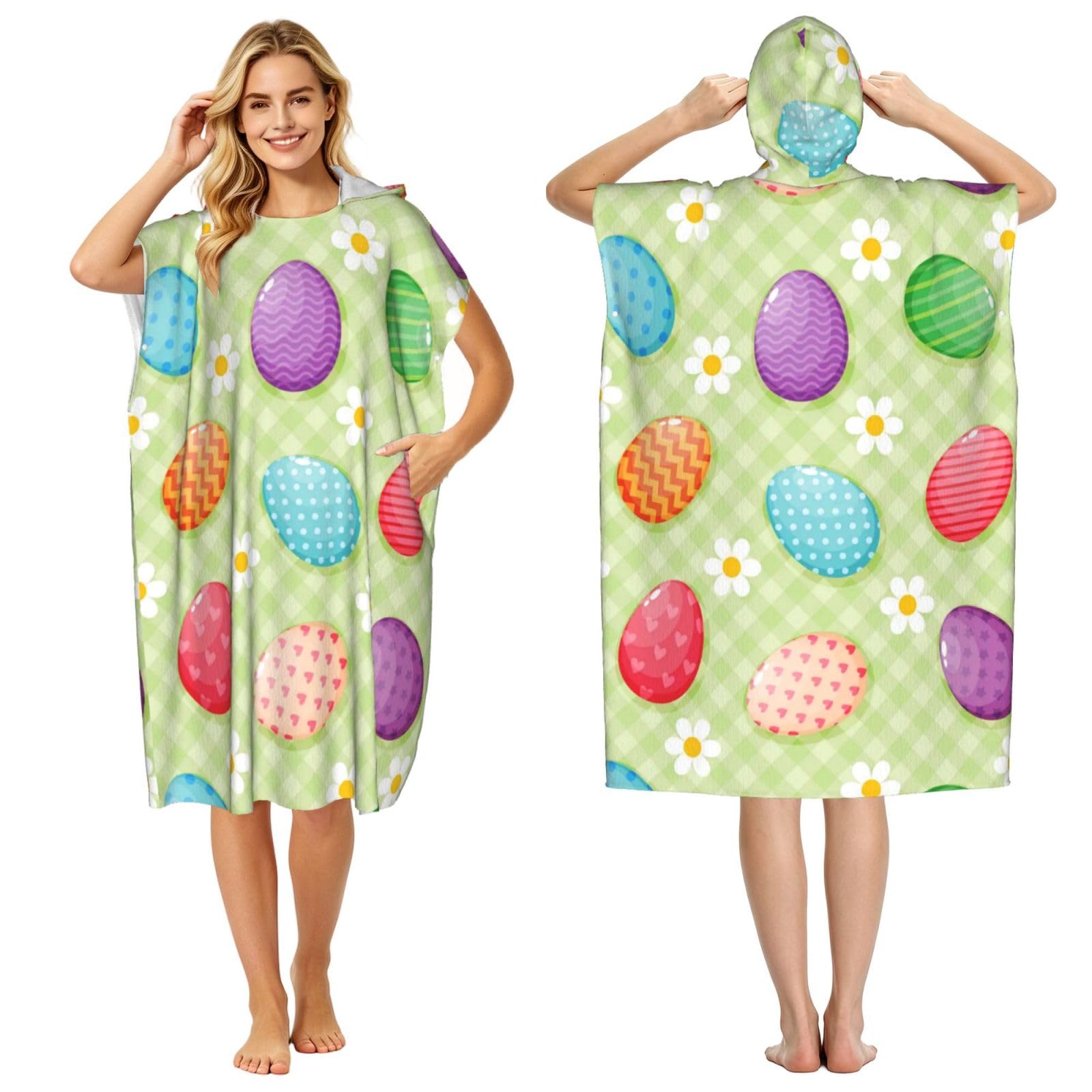 Poadnly Happy Easter Colorful Easter Eggs, Adult Hooded Beach Towel 90 x 110 cm,Changing Bath Robe, Surf Poncho Towel For Women Men