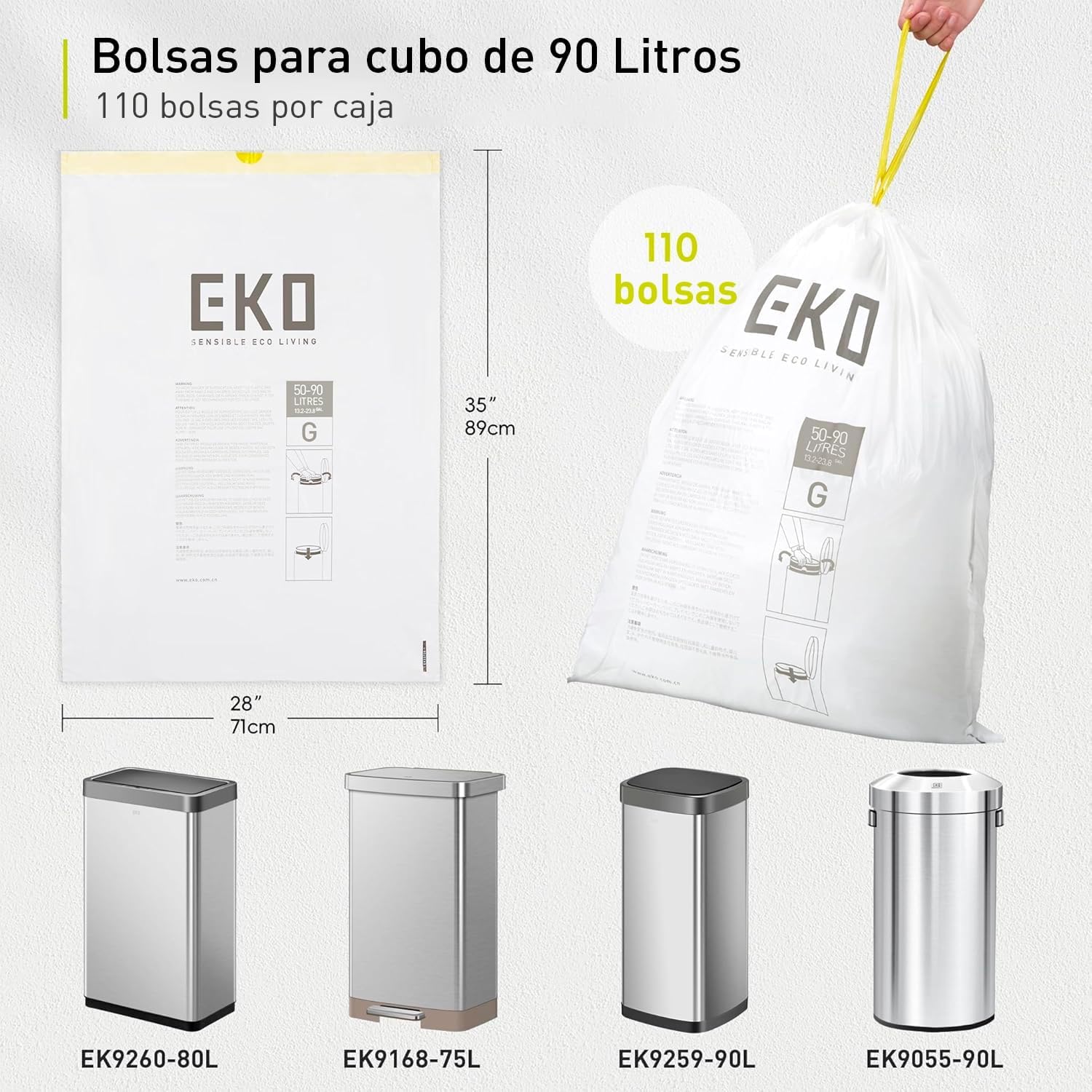 EKO Bolsas de Basura para Cocina Código G 50-90 L Pack de 110 | Bolsas EKO extra fuertes de 50–90 L, antifugas, con cordón reforzado y pack de 110 unidades.