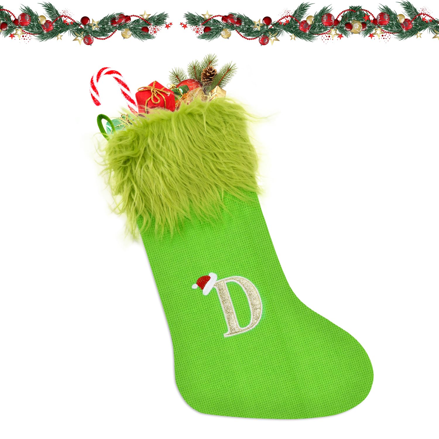 VReder Christmas Stockings, 22" Green Hairs Xmas Personalized Embroidered Stockings with Letters, Red Fireplace Hanging Santa Socks Stockings Stuffers for Christmas Tree Decor Xmas Gift (D)