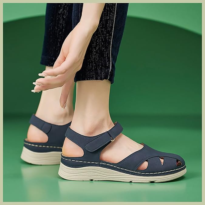 Womens Sandals Closed Toe Wide Fit Orthopedic Sandal Casual Non Slip Wedge Shoes Comfortable Arch Support Fastening Slip on Walking Sandal Outdoor Holiday Beach Summer Sandals Size 4-7.5