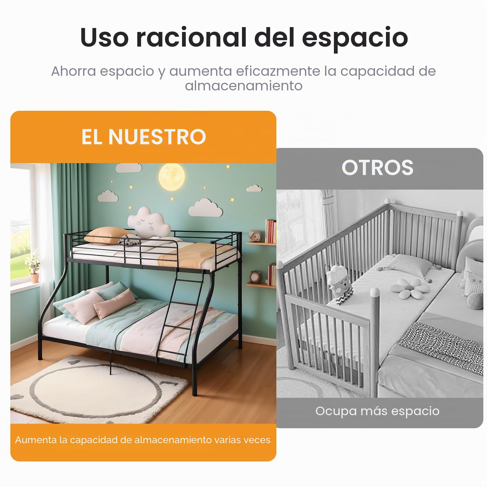 DORAFAIR Somier Litera de Metal para 3 Personas,Matrimonio Cama 140x200cm y Cama Individual 90x200cm,Negro