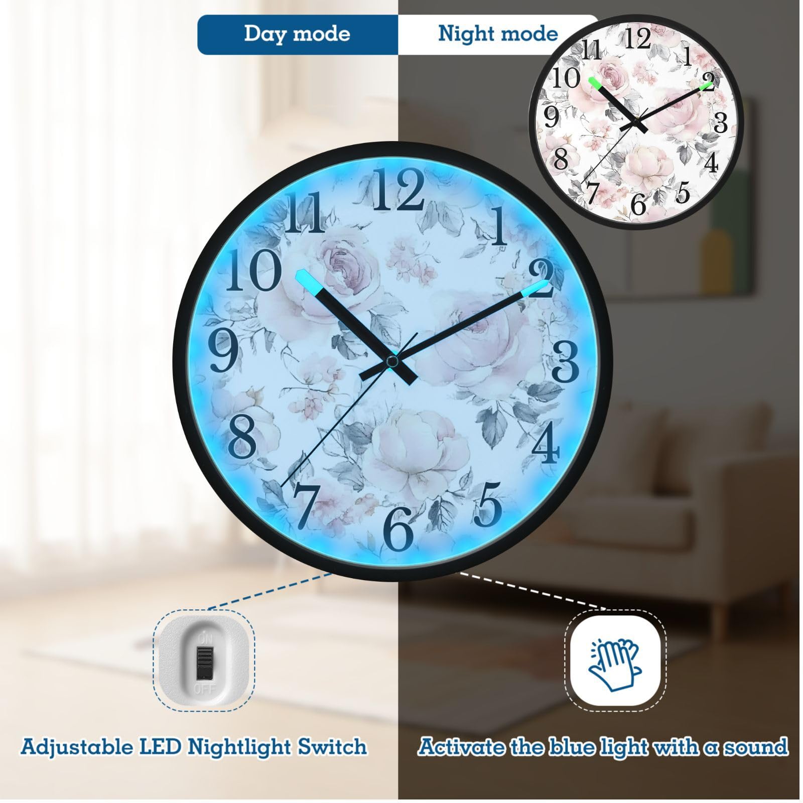 Mnsruu Reloj de pared luminoso con diseño de rosas rosas, hojas grises, funciona con pilas, silencioso, brilla en la oscuridad, para sala de estar, cocina, 12 pulgadas