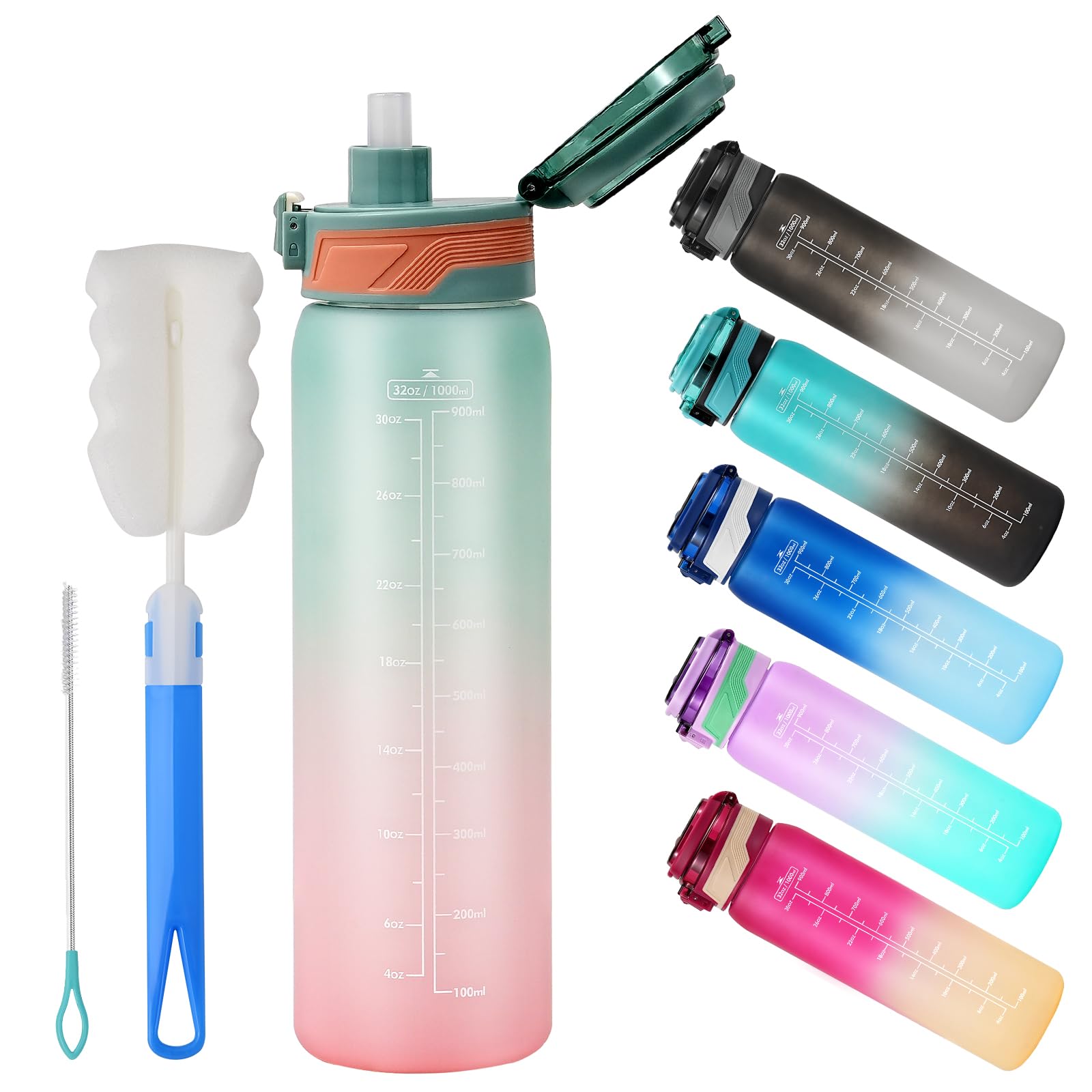 YOUNGCLUE 1L Water Bottle with Straw,Sports Drinks Bottle Leakproof,1 Litre Water Bottles With Time Markings BPA Free,Boys Girls Adults water bottles for Gym,Office, Travel,Cycling (4-Green Pink) — image 1