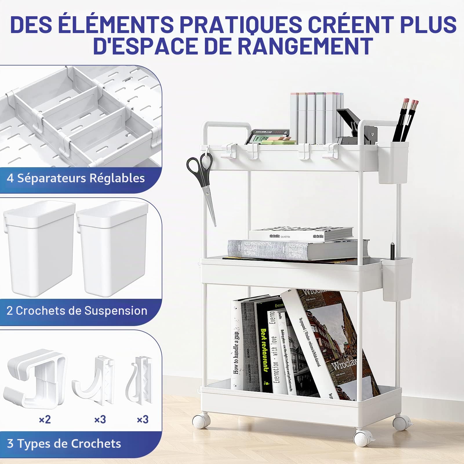 Ronlap Chariot de Rangement Fin à 3 Niveaux avec poignée de Suspension et séparateurs pour Bureau, Salle de Bain, Cuisine, buanderie, espaces étroits, Blanc