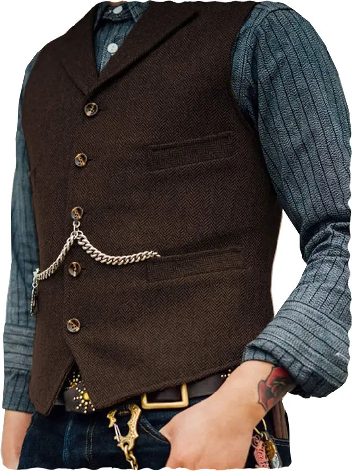 Colete masculino tweed retrô gola V lã espinha de peixe para formatura