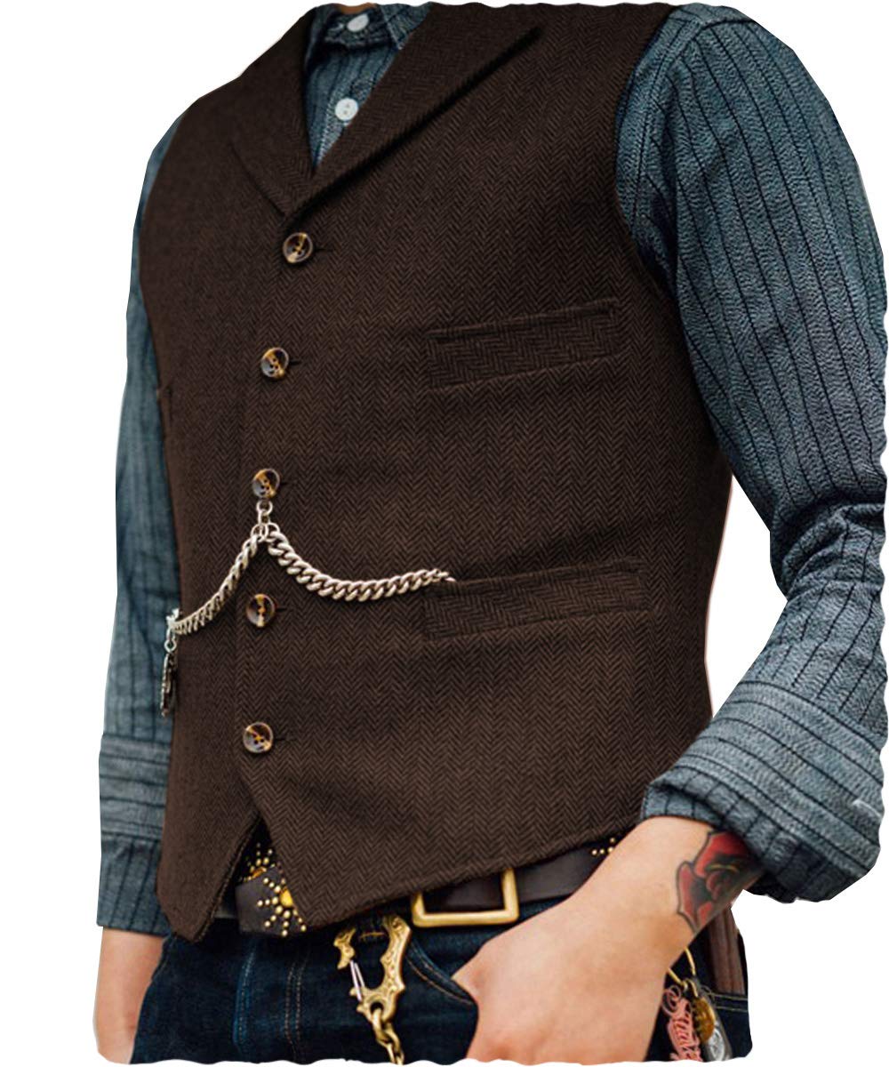 Mens Classic Wool Tweed Suit Vest Casual Sleeveless Jacket Herringbone Waistcoat for Tuxedos - brown - XL