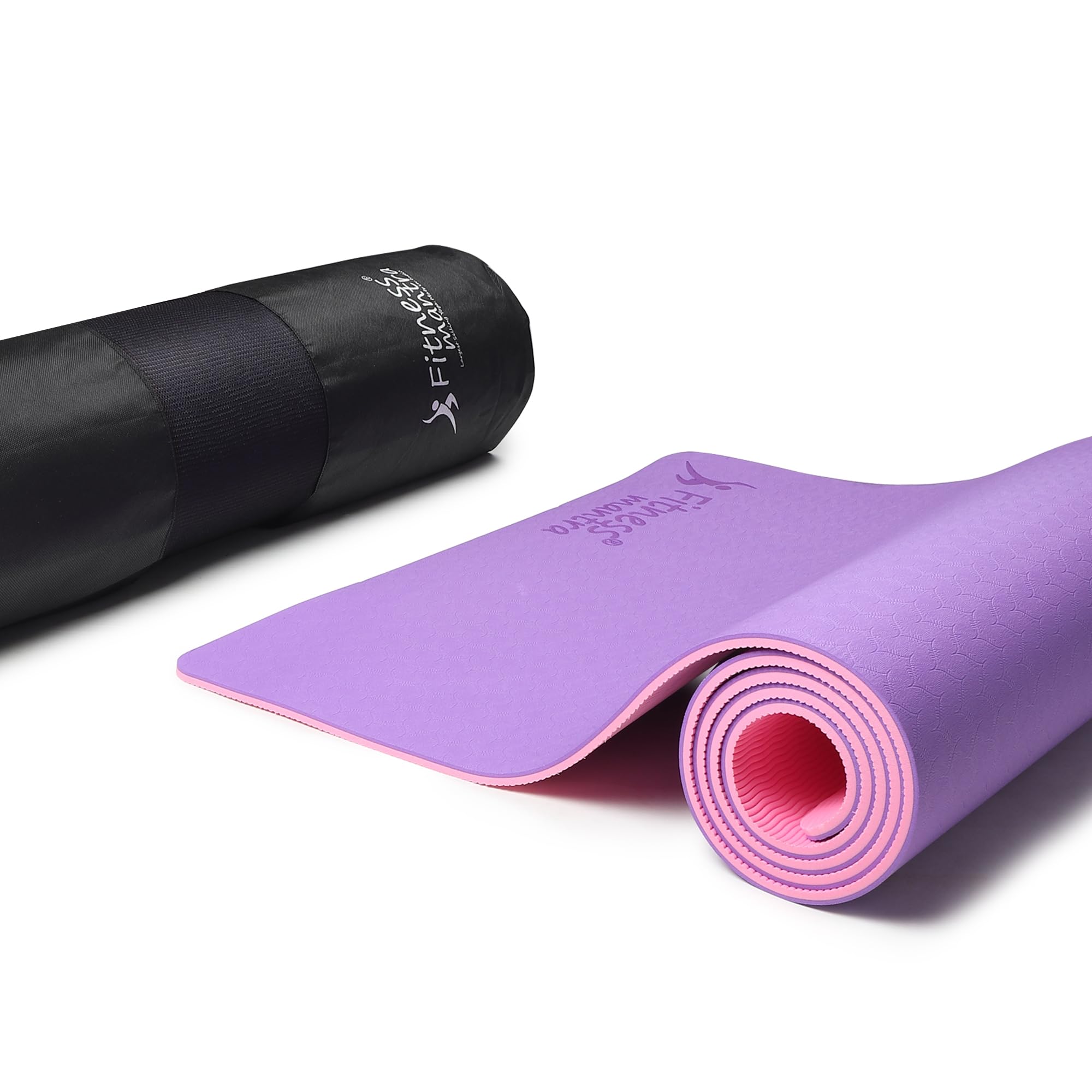 Fitness Mantra® TPE Dual Color Anti-Slip Yoga Mat with Cover Bag for Gym Workout and Yoga Exercise for Men & Women Fitness| 1 Piece| 6mm| 24"x72"| Dual Color| Premium| (Purple + Pink)