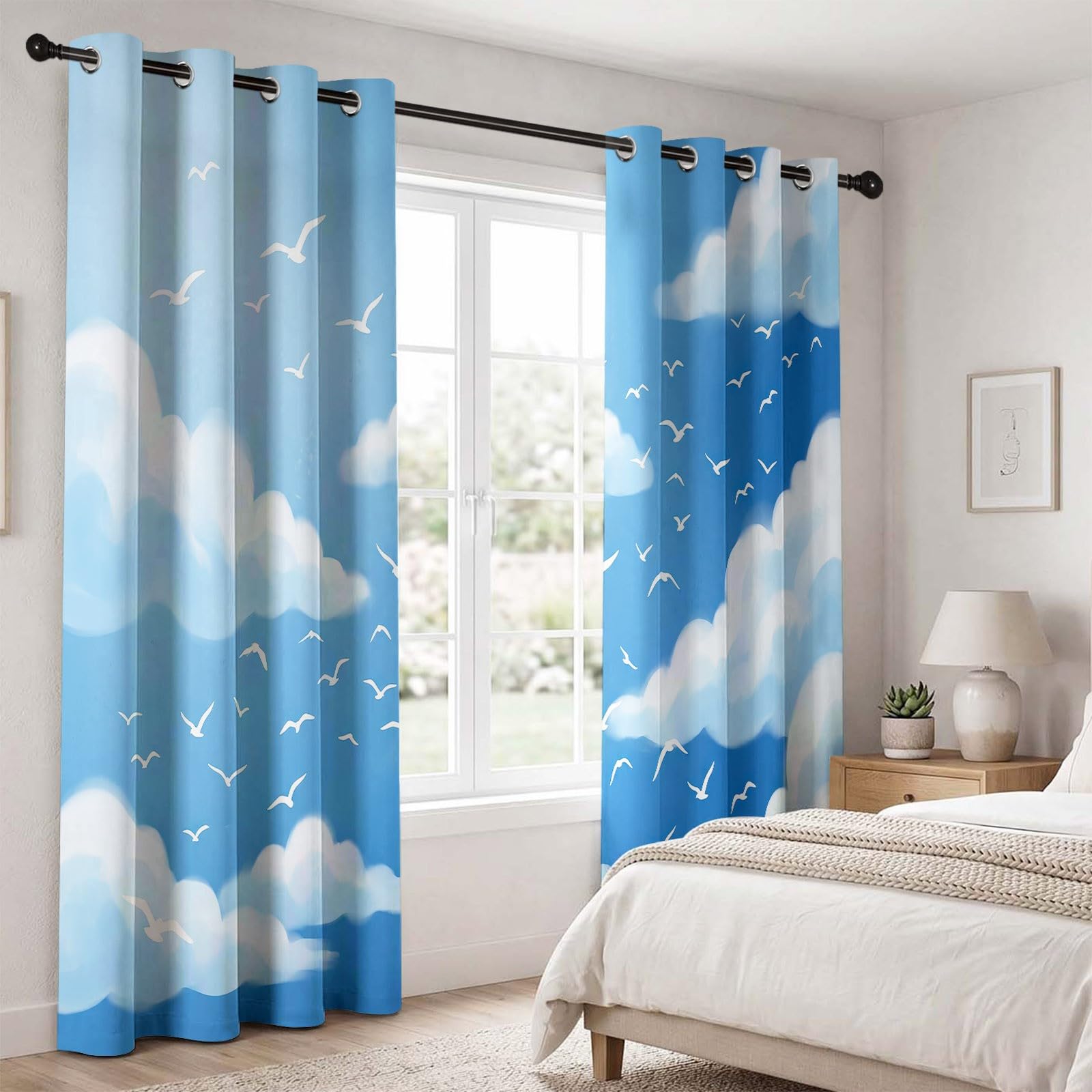 Générique Rideau Occultant Moderne Nordique, Ciel Nuages Oiseaux Motif Rideaux Thermiques à Oeillets, Rideaux Imprimé pour Salon Chambre Fenetre Moderne Décoration, 140 X 245 cm (LxH), Lot de 2