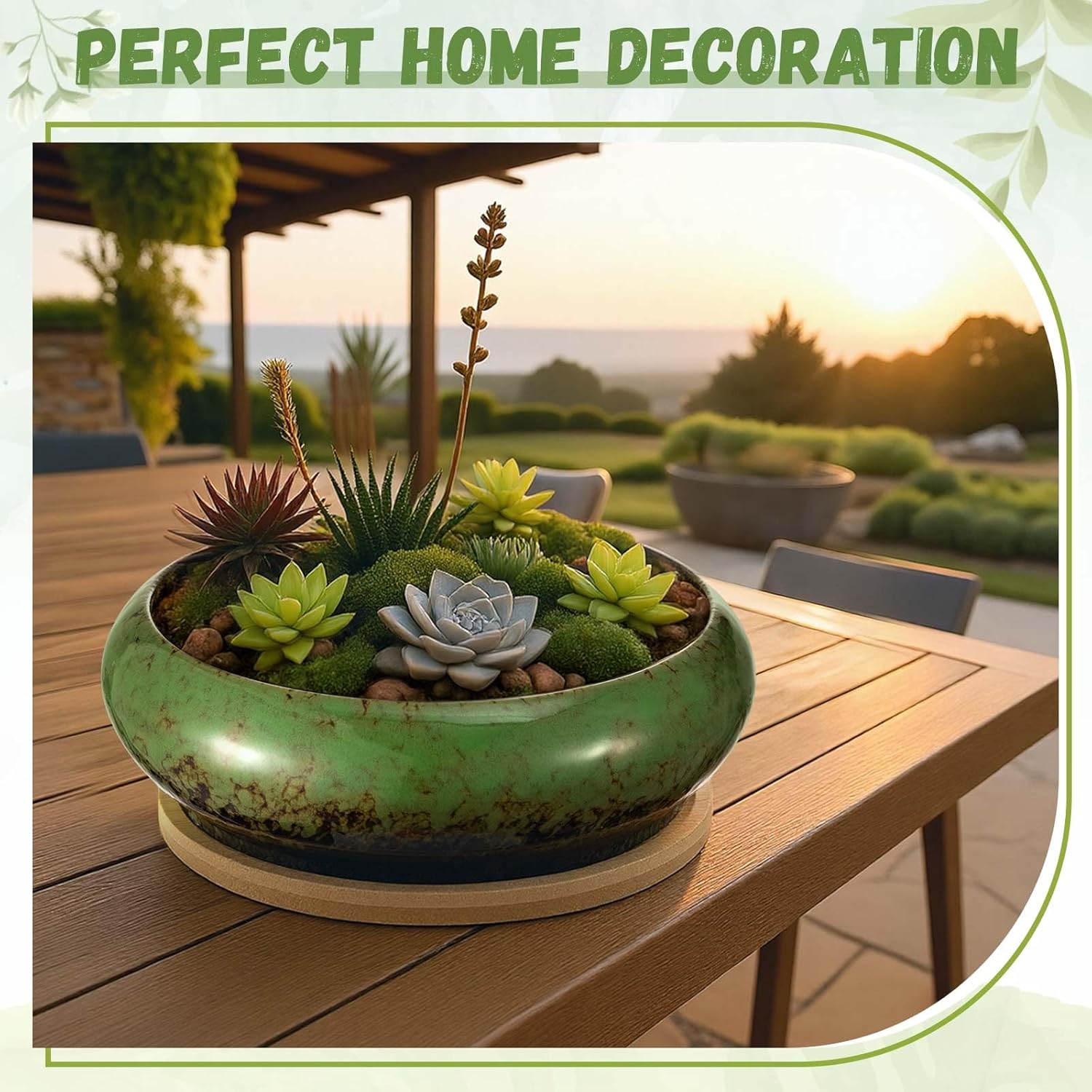 2 Pack 7.3 Inch Round Large Shallow Succulent Ceramic Planter Pots with Drainage Hole Drip Glazed Shallow Bonsai Pot with Bamboo Tray for Indoor Outdoor Plants Decor Cactus Flower