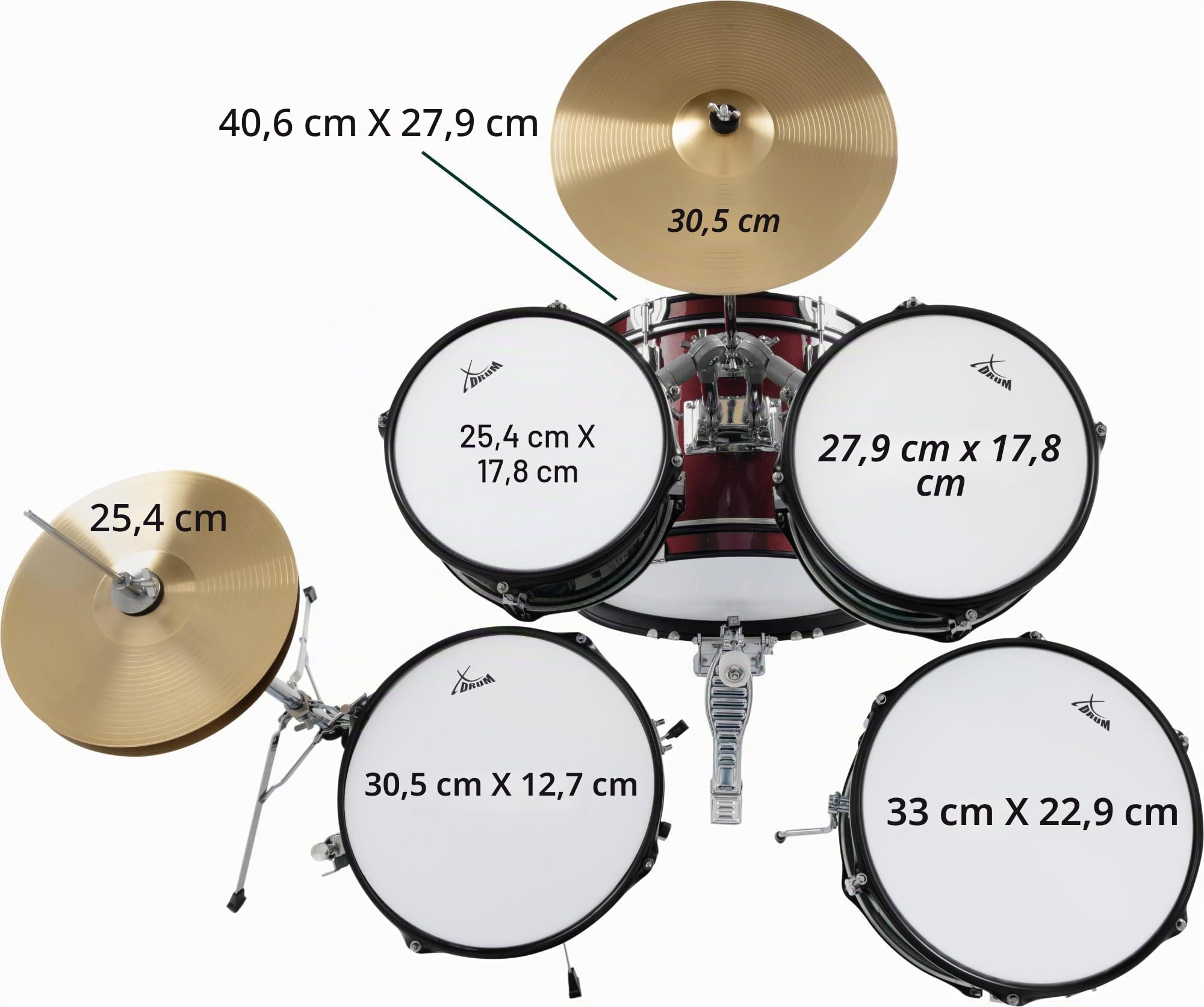 XDrum Junior Pro Batterie Enfant Rouge incl. École, Batterie composée de | Matériel 5 pièces simple, Grosse caisse 16", Pédale, HiHat 10", Caisse claire 12", Deux toms 10" et 11", Tom basse 13"