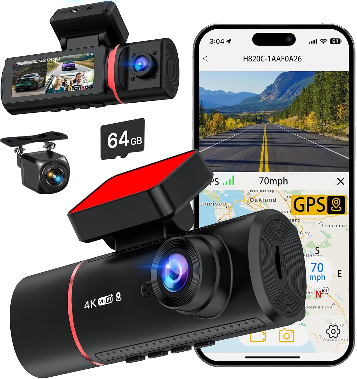 3 Channel Dash Cam, 4K+720P+720P Dash Cam Front and Rear Inside, 5GHz WiFi GPS Car Camera with 64GB Card, Super Night Vision IR, 24/7 Parking Mode, G-Sensor, 3-Way Triple Dashcam for Cars Front Rear and Inside