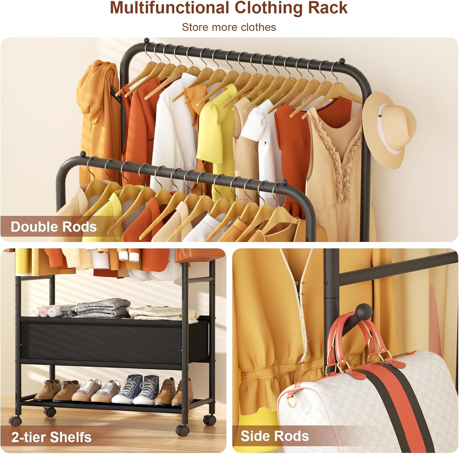 Multifunctional Clothing Rack with Double Rods, 2-tier Shelves, and Side Rods