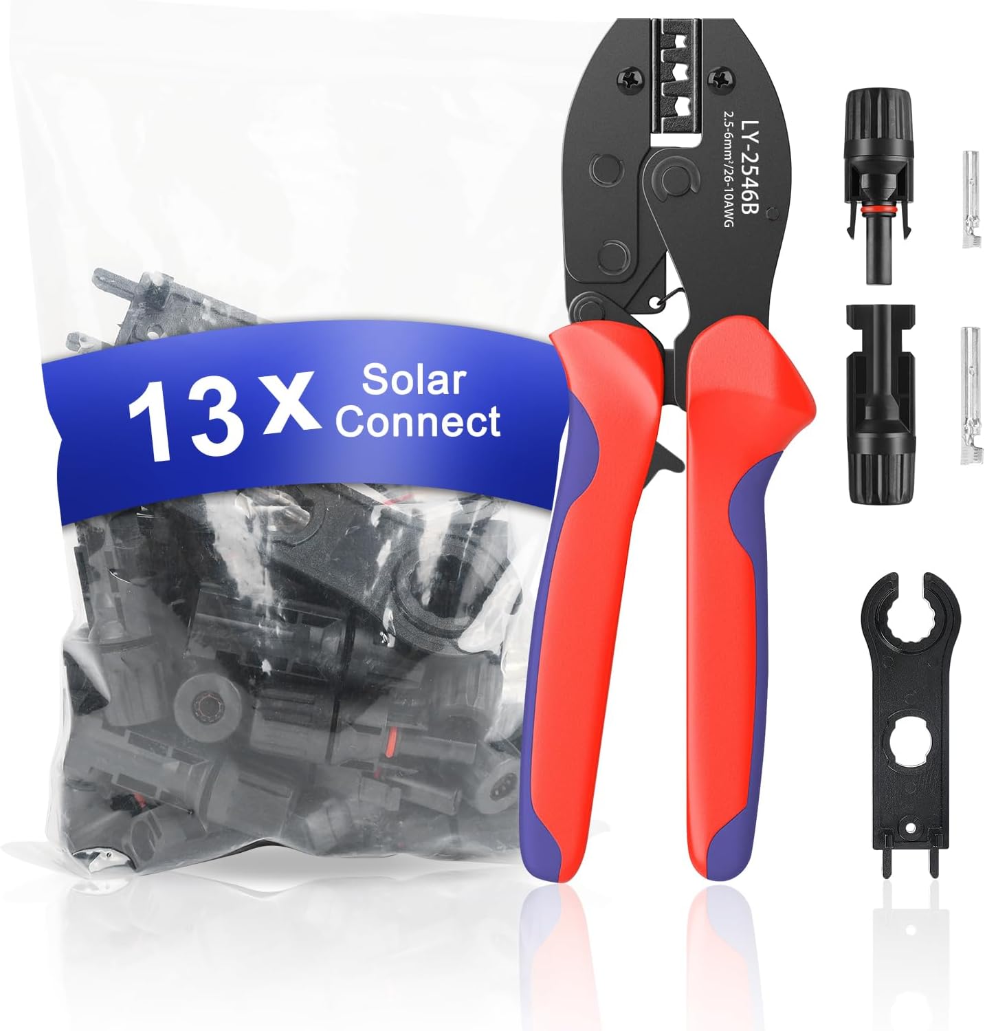 Solar Crimper Tool Kit with Crimper Stripper and 13 Pairs Solar Connectors and 2PCS Spanner Wrench, Crimper Tool for AWG14-10 Solar Panel Cable Wire Assembly and Installation