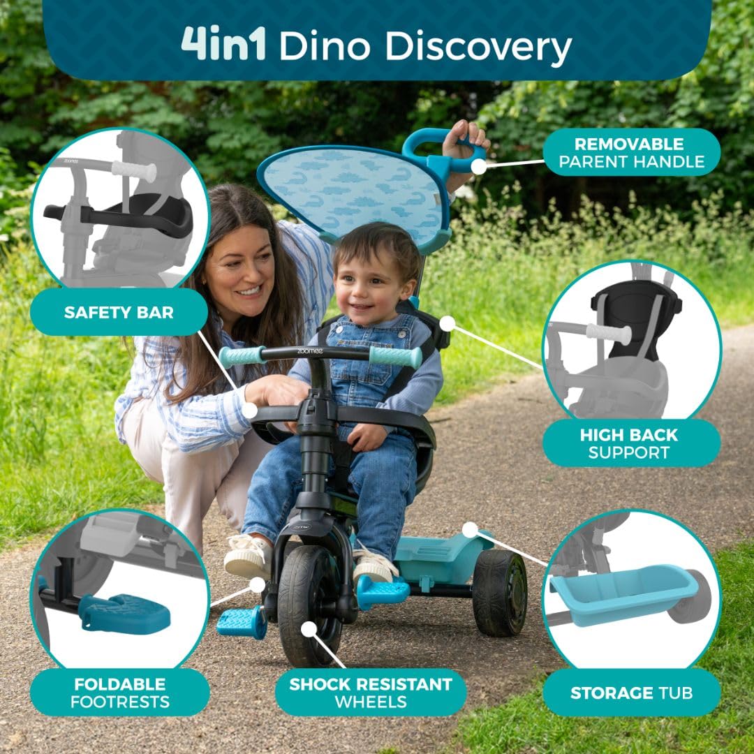 Zoomee 4 in 1 Trike - Dino Discovery, modalità blocco genitori, barra di sicurezza rimovibile, sistema di blocco di sicurezza e ruote resistenti agli urti, parasole UV regolabile, età 10-36 mesi