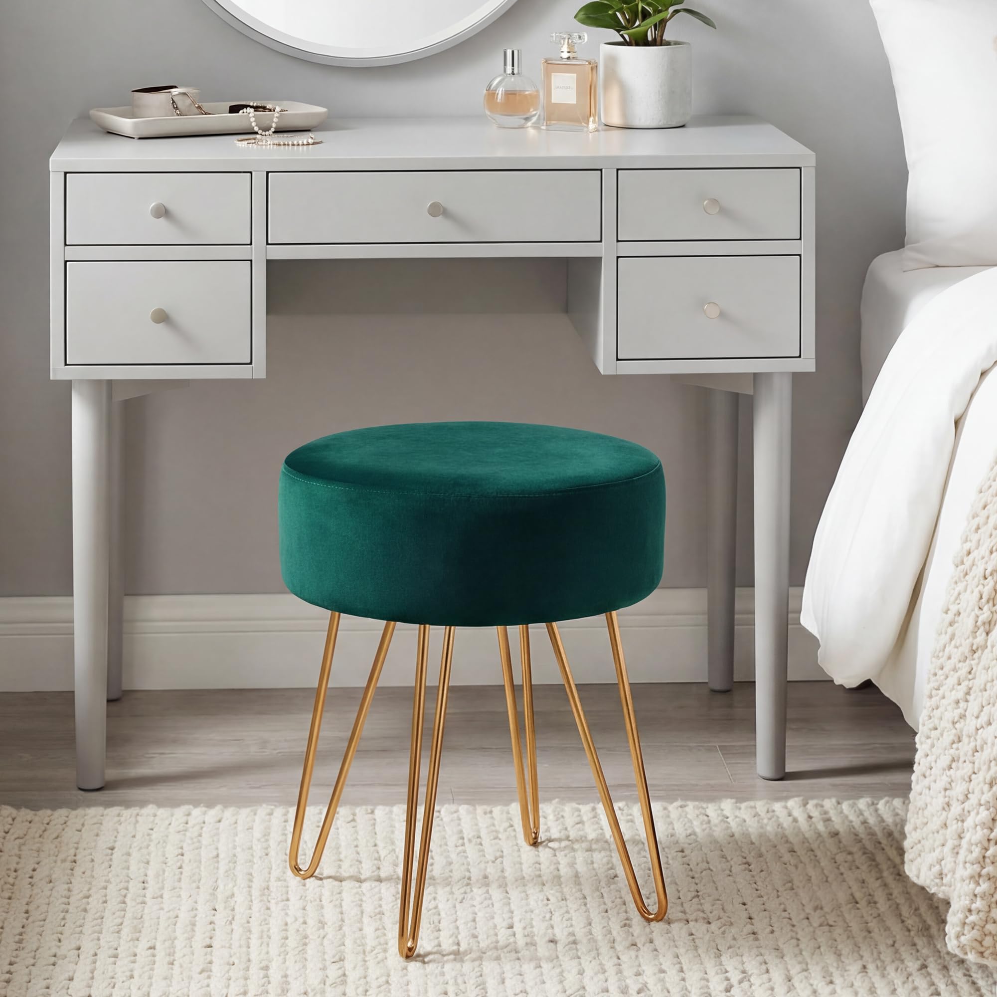 DUHOME Tabouret Ottomande en Velvet Chaise Coiffeuse Ronde avec Pieds Métalliques Pouf pour Salon Chambre, Vert Foncé