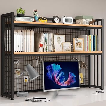 Desktop Hutch Bookshelf Metal Desk Shelf, 2-Tier Storage Display Shelf for Computer Desk, Multifunctional Freestanding Storage Rack Display Shelf for Office, Home Decor, Kitchen 45.2*35*9.44 IN