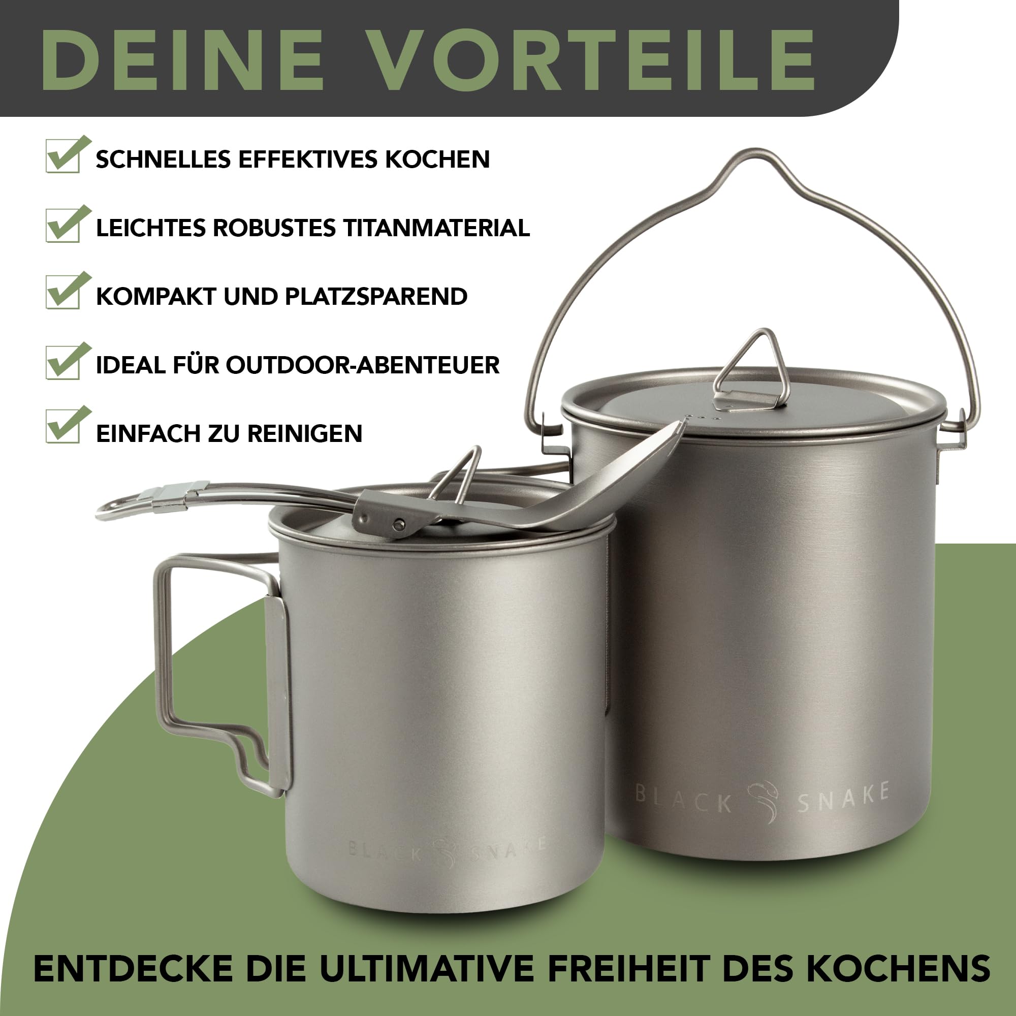 Black Snake Campinggeschirr Set aus Titan - 3-teilig & Ultraleicht - mit 750 ml Topf, 420 ml Topf & Göffel - kompakt verstaubar inkl. Beutel