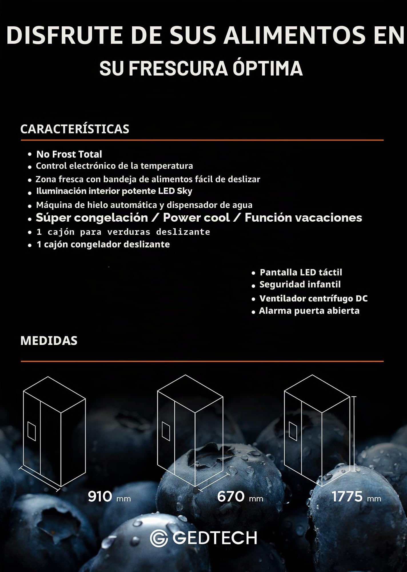 GEDTECH - Refrigerador americano GSBSA513IX Side by Side 513L - Dispensador de agua y máquina de hielo automático - Acero inoxidable