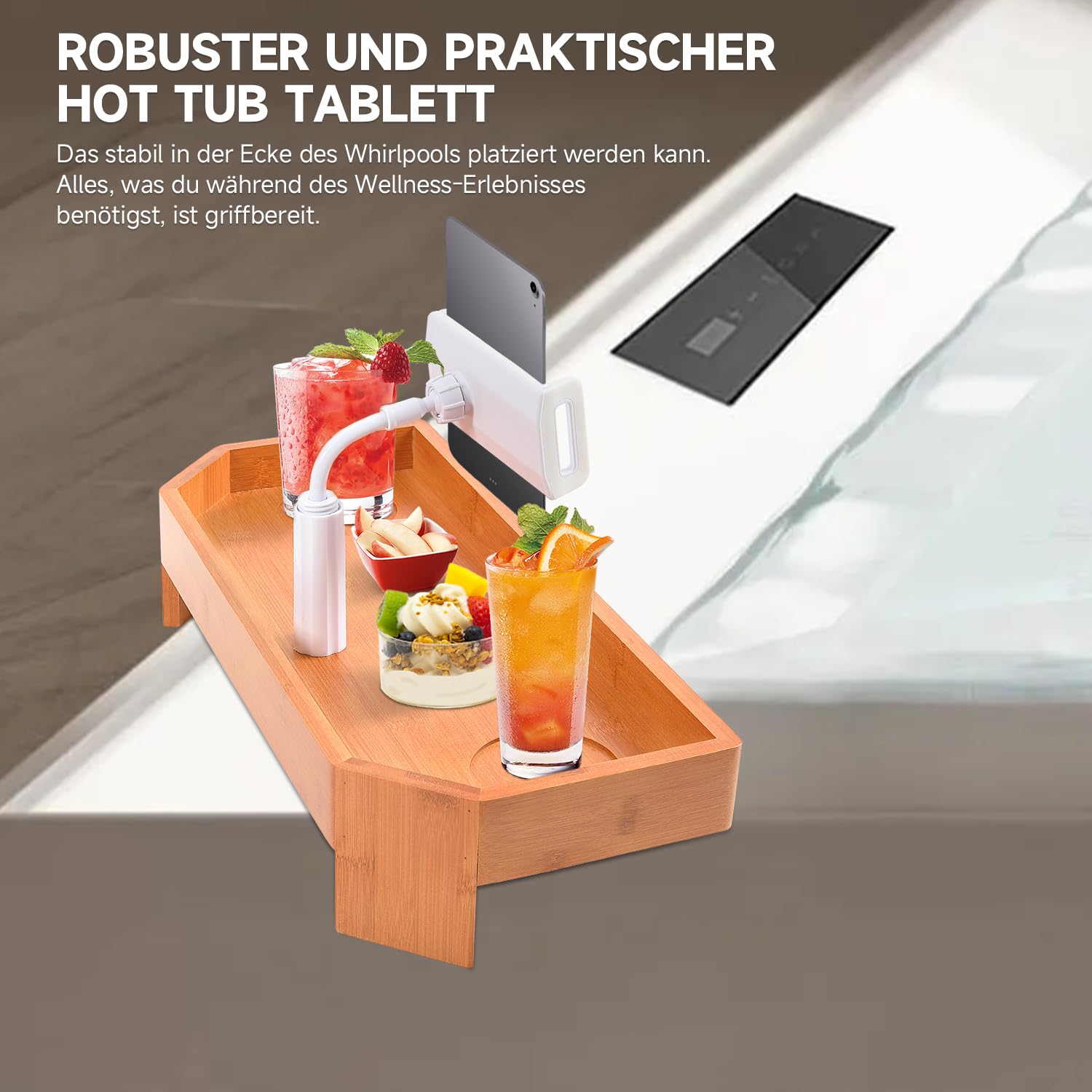 Eco Pooltech Spa Geschenkset Frauen, Badewannenablage aus Bambus Entspannung Geschenk für Frauen Männer rutschfeste Whirlpool Tisch mit Getränkehalter & Handyhalter Spa Set