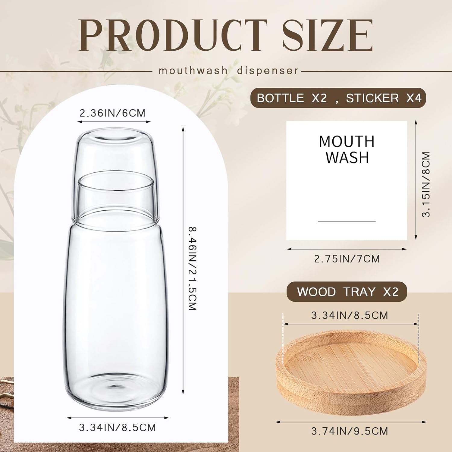 2 Set 25.36 oz Glass Mouthwash Dispenser with Wood Tray and Mouth Wash Labels, Mouth Wash Container Bottle with Lid Cup, Mouthwash Decanter for Bathroom Bedside Water Carafe for Nightstand