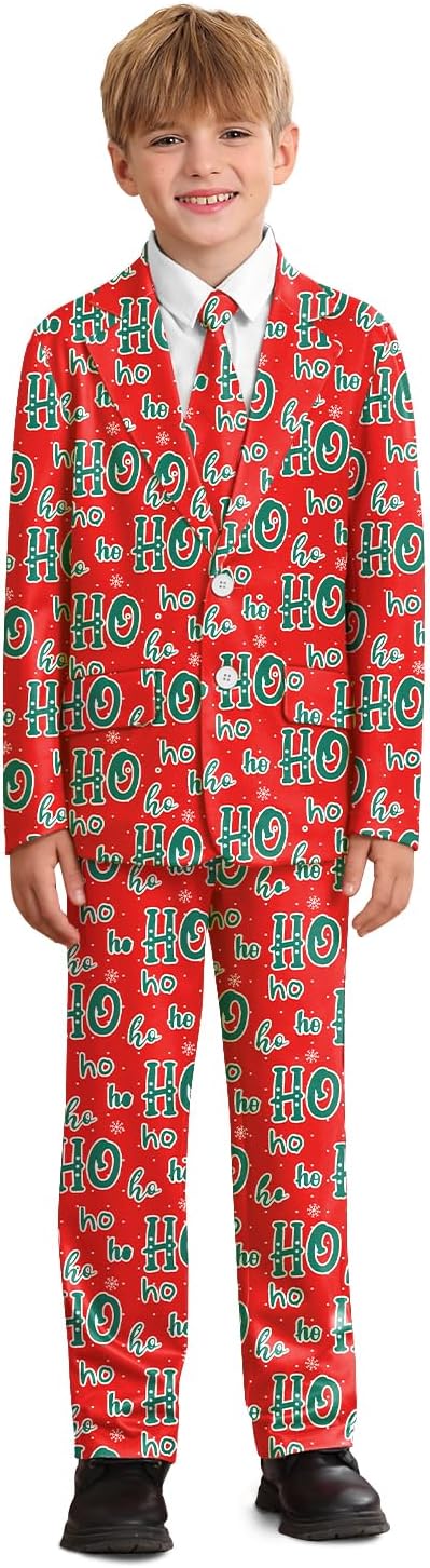 Boys Ugly Christmas 3 Piece Suit Funny Party Outfit with Matching Blazer Jacket, Pants & Tie 6-14 Years