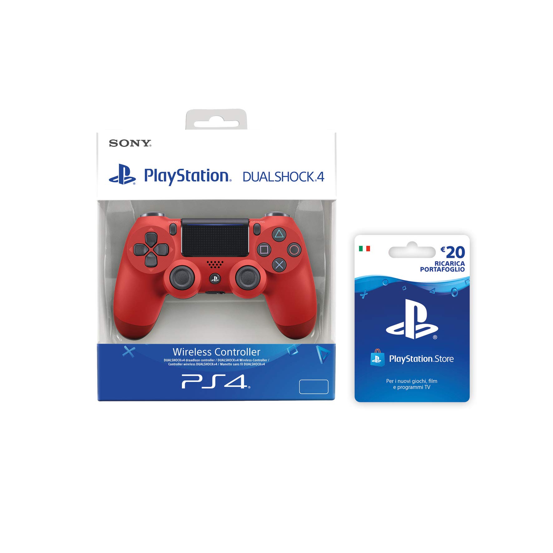 PlayStation 4 - Dualshock 4 Controller Wireless V2, Rosso + PSN Card 20 € [Esclusiva Amazon], Standard + Card