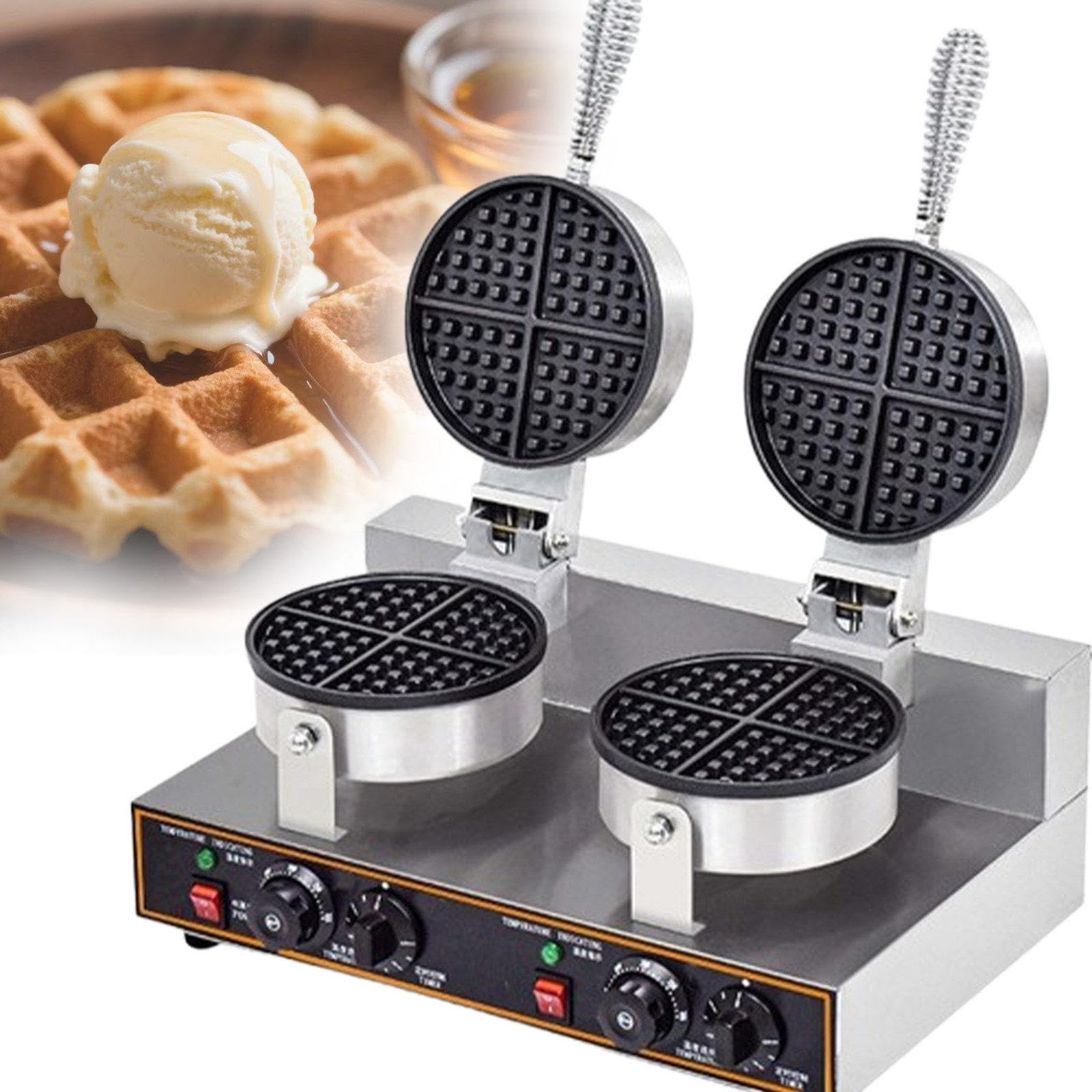 Macchina per waffle commerciale con riscaldamento fronte-retro, controllo della temperatura e timer per negozi colazioni
