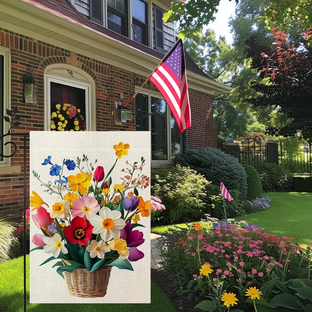 Spring Daffodils Tulip Flower Garden Flag for Outside Colorful Floral Yard Flag Double Sided Burlap Summer Farmhouse Outdoor Home Decorations 12x18 Inch - Image 3